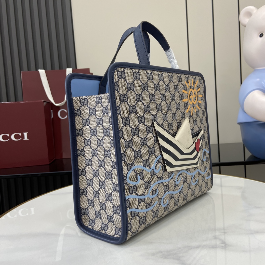 Gucci Children's printed GG tote bag in beige and blue | GUCCI