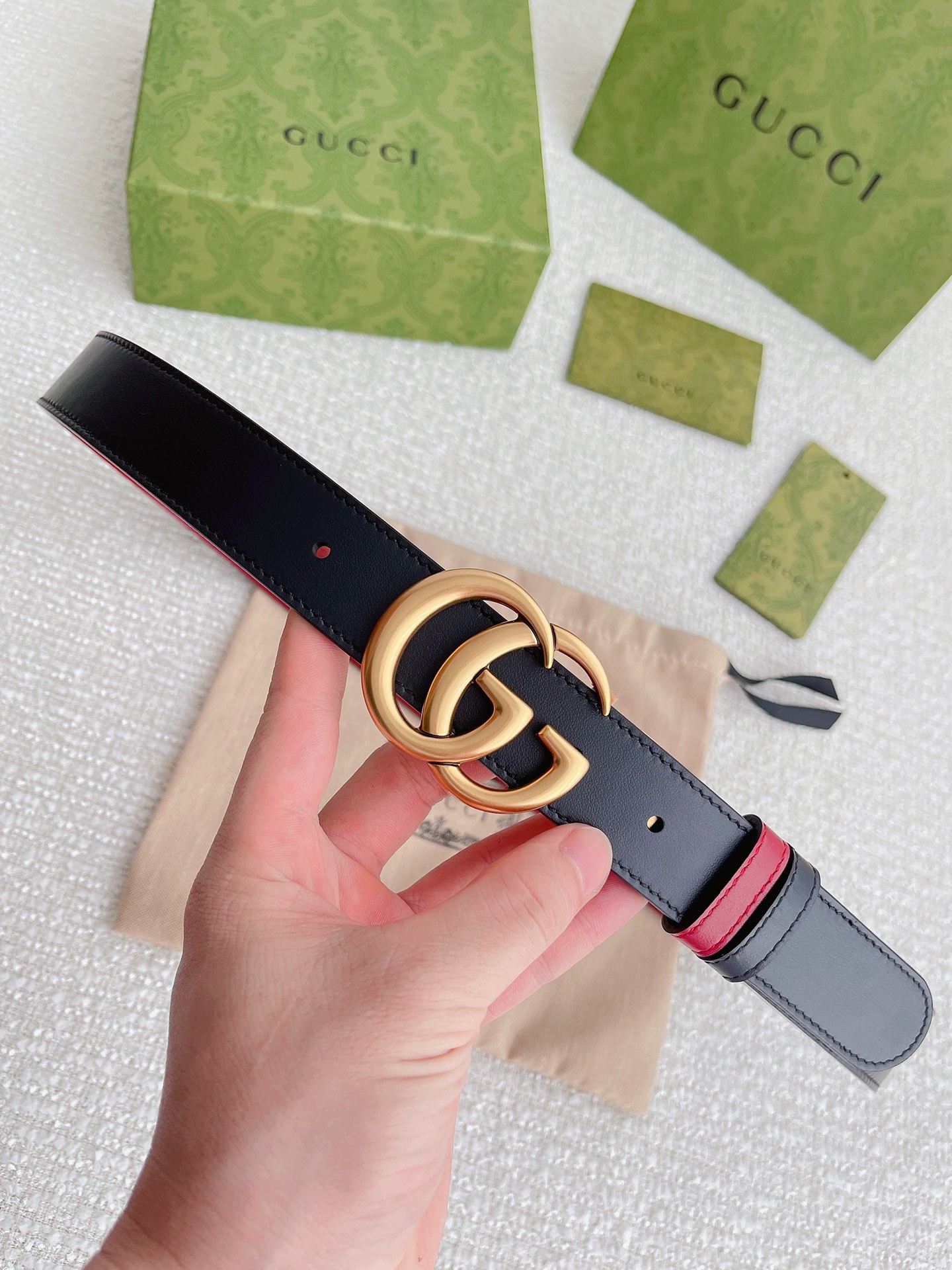 Gucci Double G Logo Skinny Belt – Black red