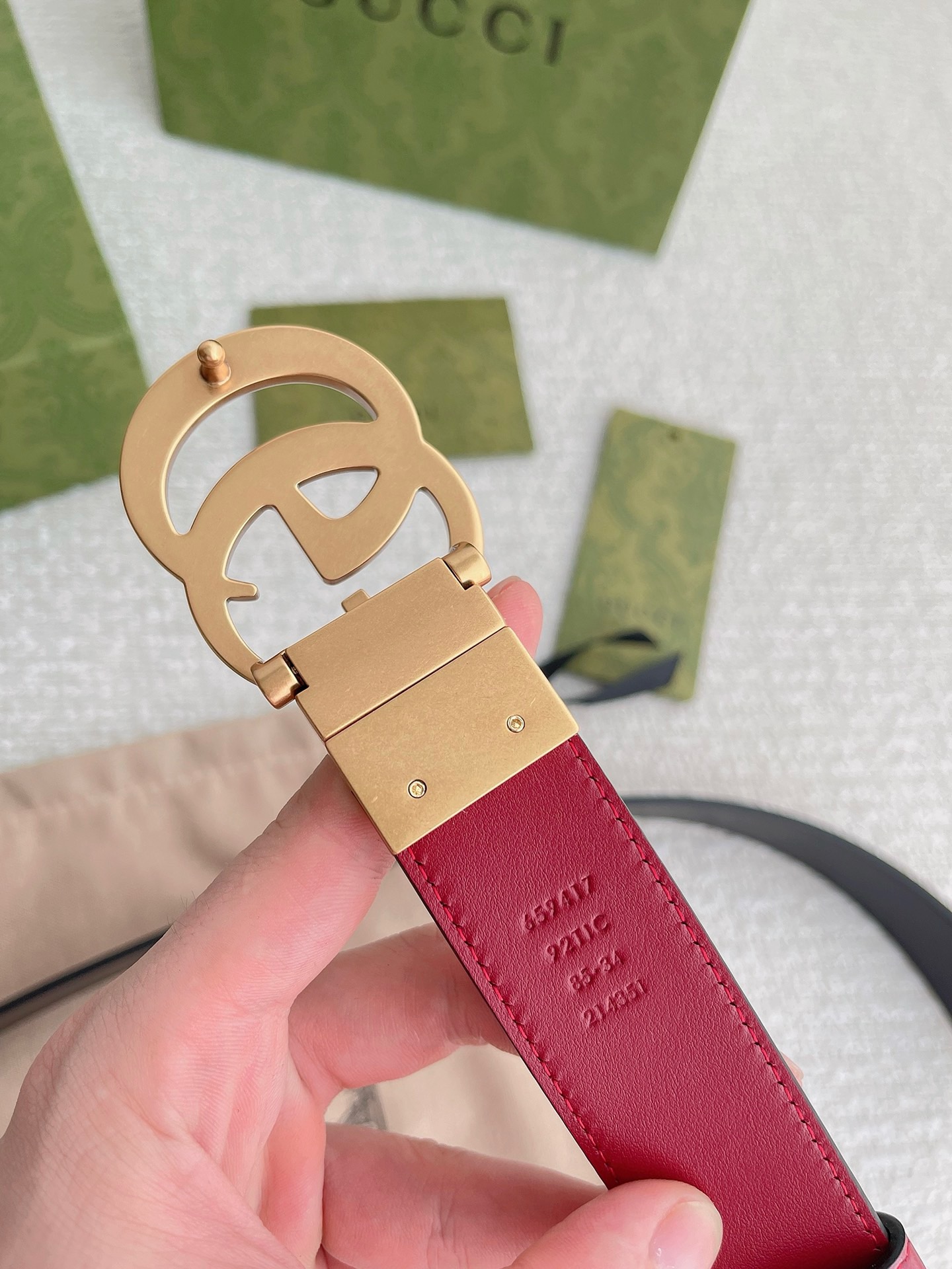 Gucci Double G Logo Skinny Belt – Black red