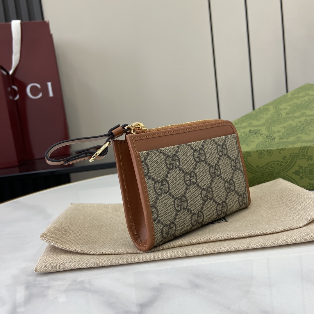 Gucci GG Emblem card case with strap in beige and dark brown