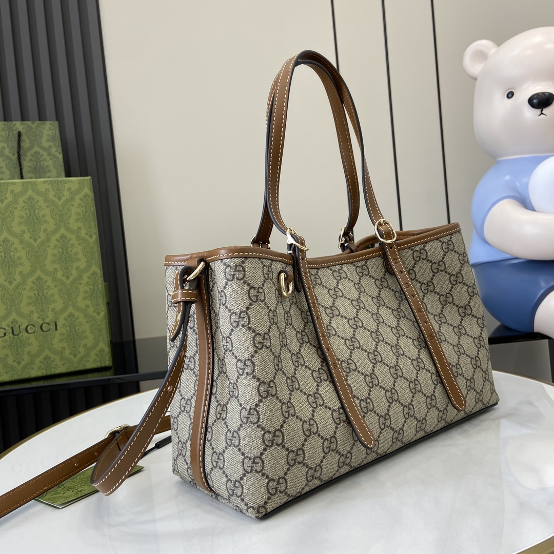 GUCCI GG Emblem medium tote bag in beige and dark brown fabric