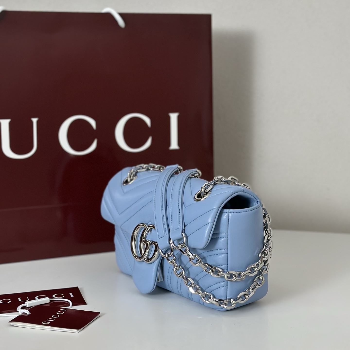 Gucci GG Marmont medium shoulder bag in light blue leather