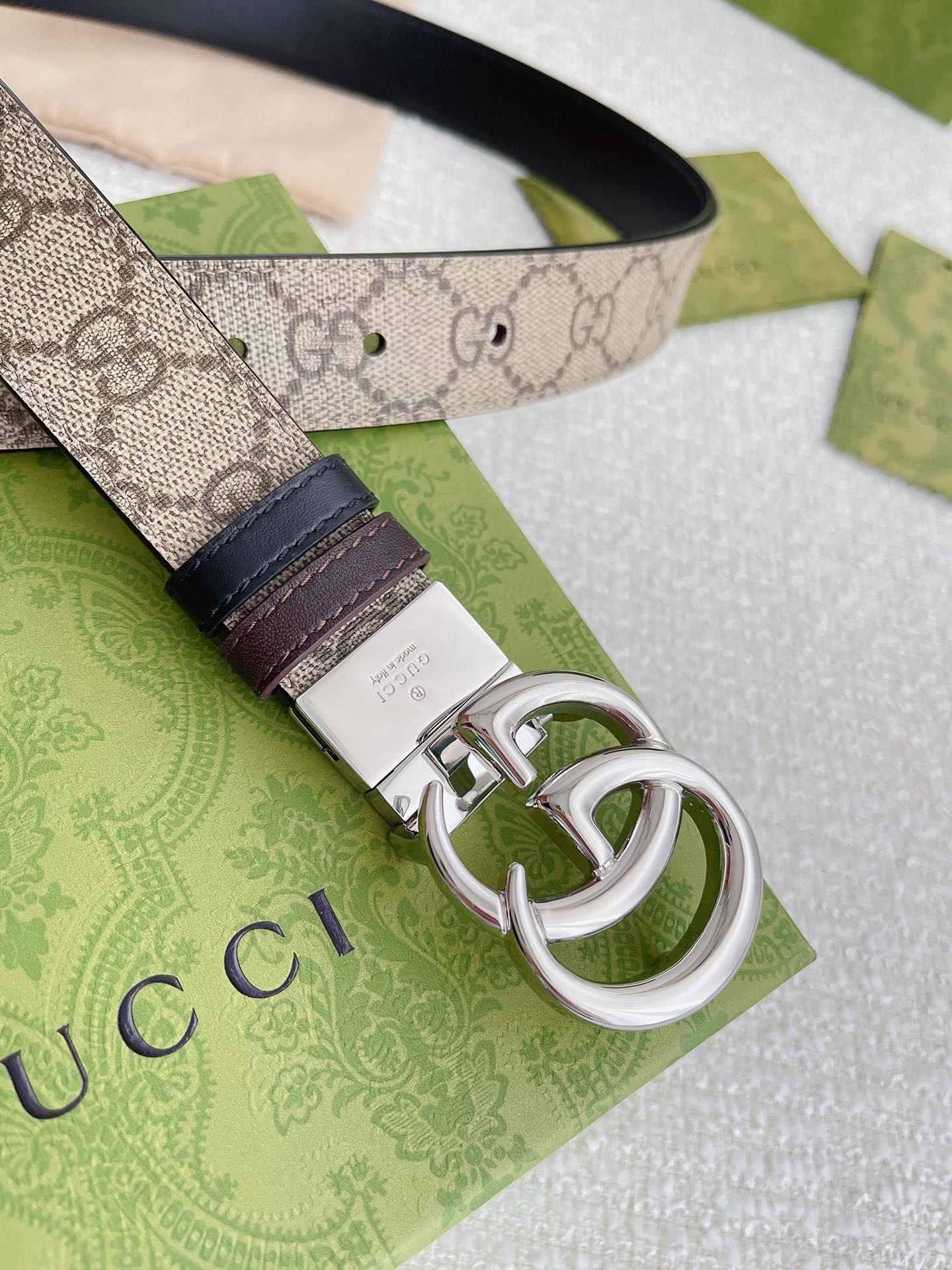 Gucci GG Marmot Logo Leather Belt Beige Canvas and Black