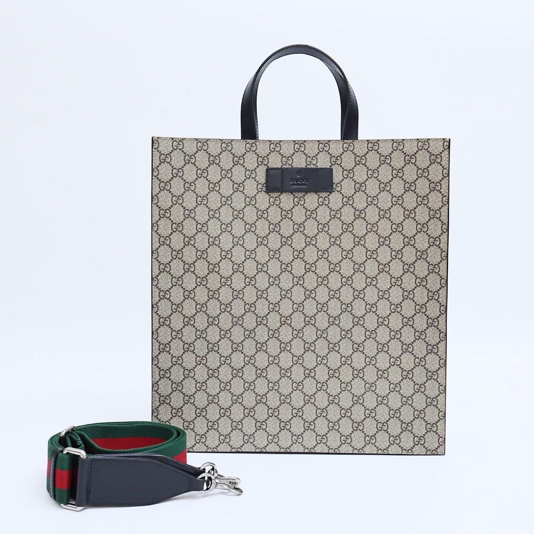 Gucci GG Supreme Tote with Web strap, beige ebony canvas and black leather.