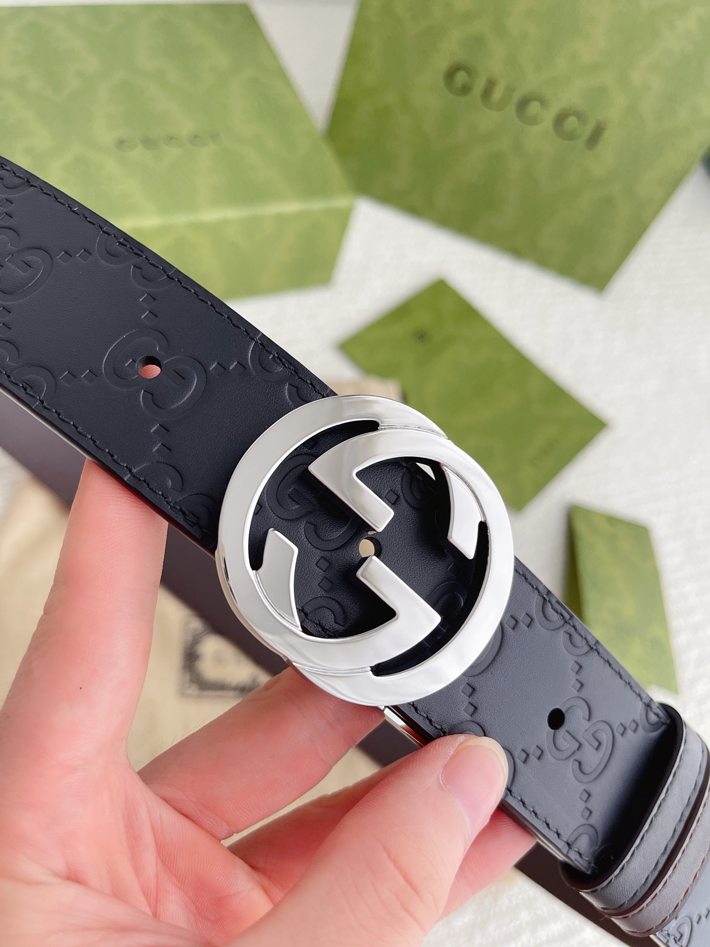 GUCCI GG Supreme Interlocking G Leather Black Mens Belt 411924 Used