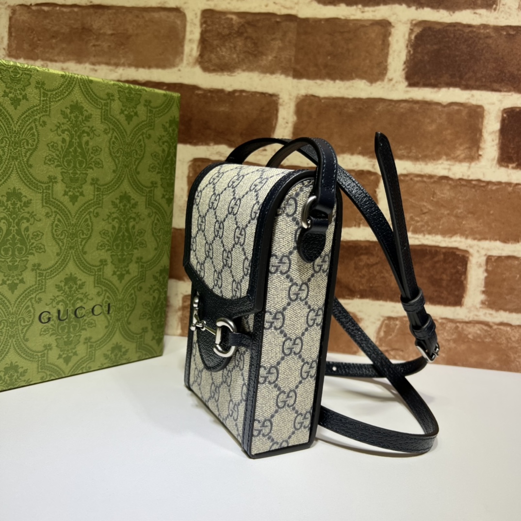 GUCCI GG Supreme Monogram Textured Dollar Calfskin Mini Horsebit 1955 Crossbody Bag Beige Blue 1473714