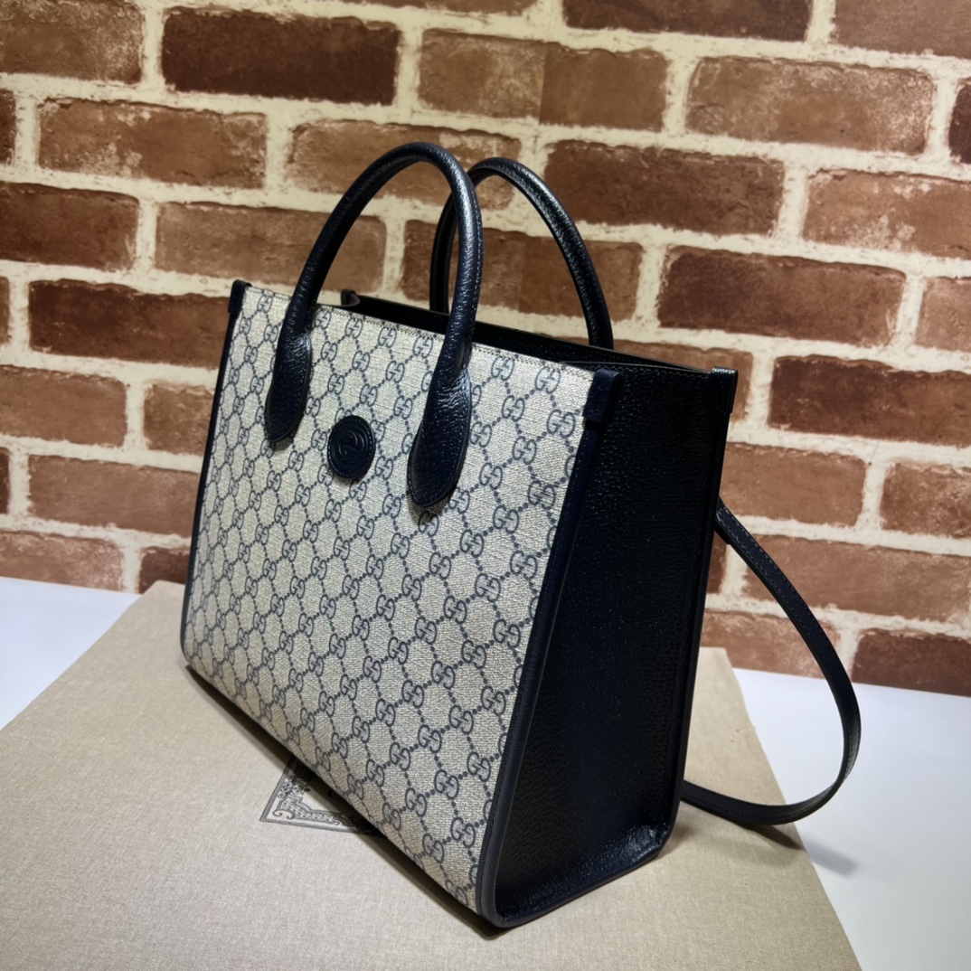 Gucci  GG Supreme Monogram Textured Dollar Calfskin Small Retro Interlocking G Tote Bag Beige Blue