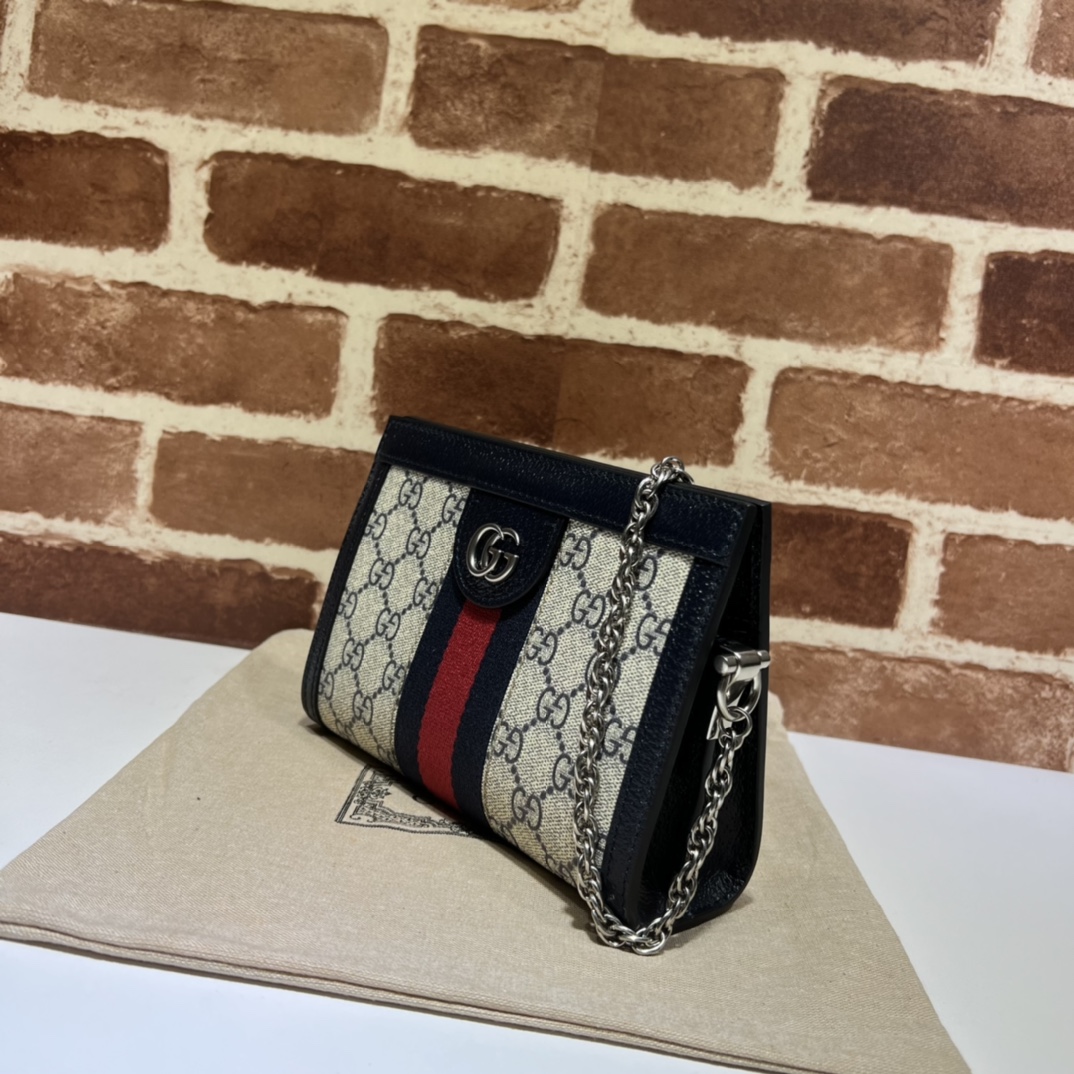 GUCCI GG Supreme Monogram Textured Dollar Calfskin Web Small Ophidia Chain Shoulder Bag Beige Blue 1211584