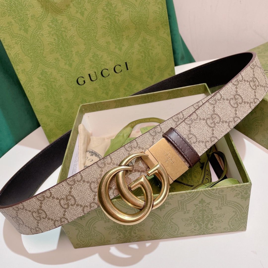 gold Gucci Beige GG Supreme Belt - Gucci Beige GG Supreme Belt - Gold