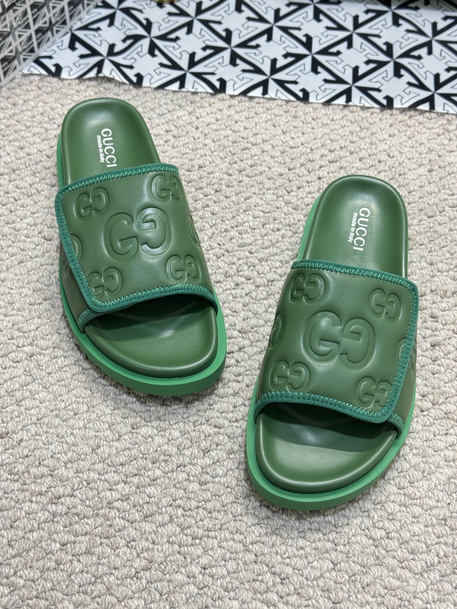 GUcci Green Rubber Slides â€“ Embossed GG Pattern