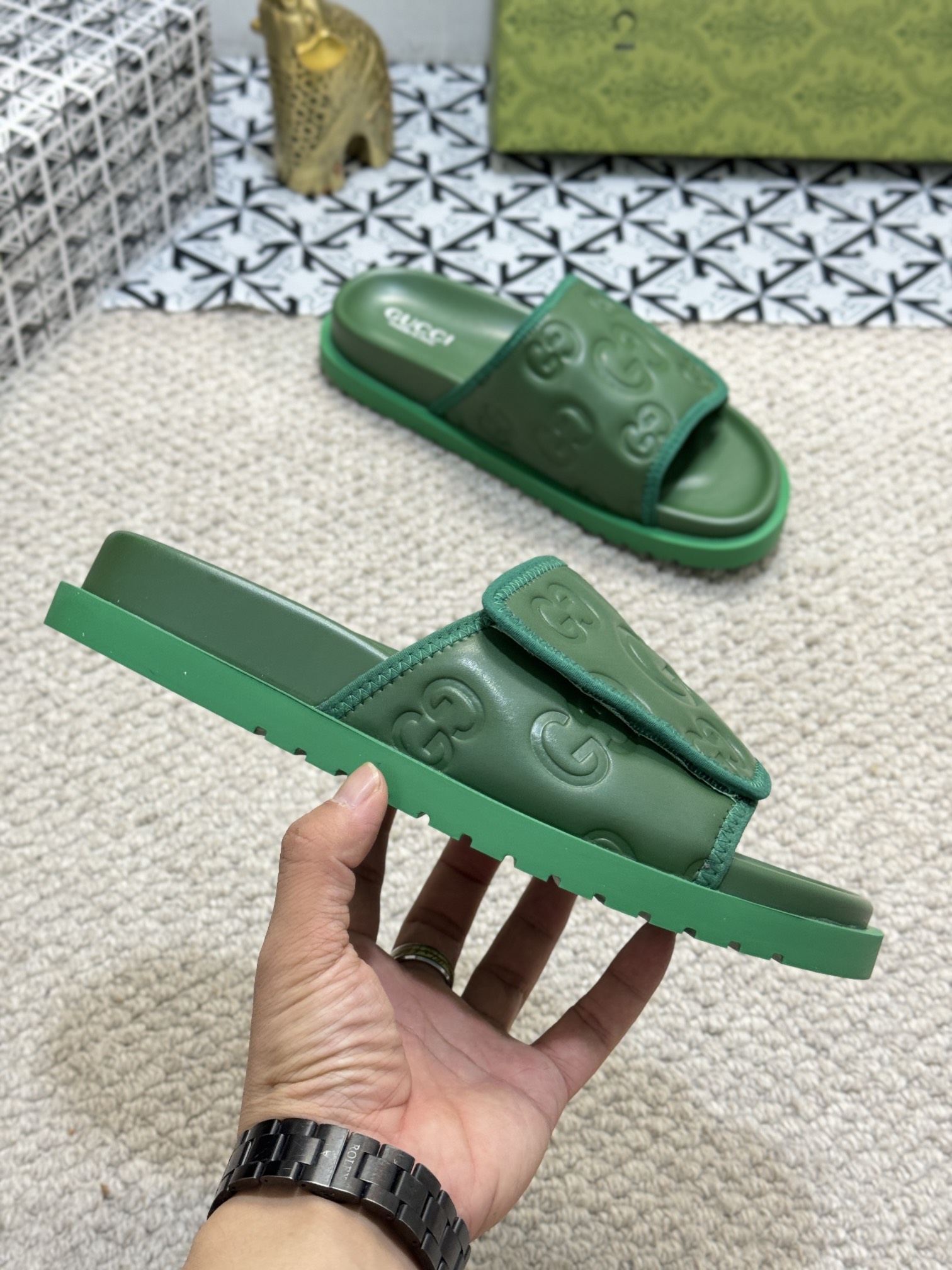 GUcci Green Rubber Slides â€“ Embossed GG Pattern