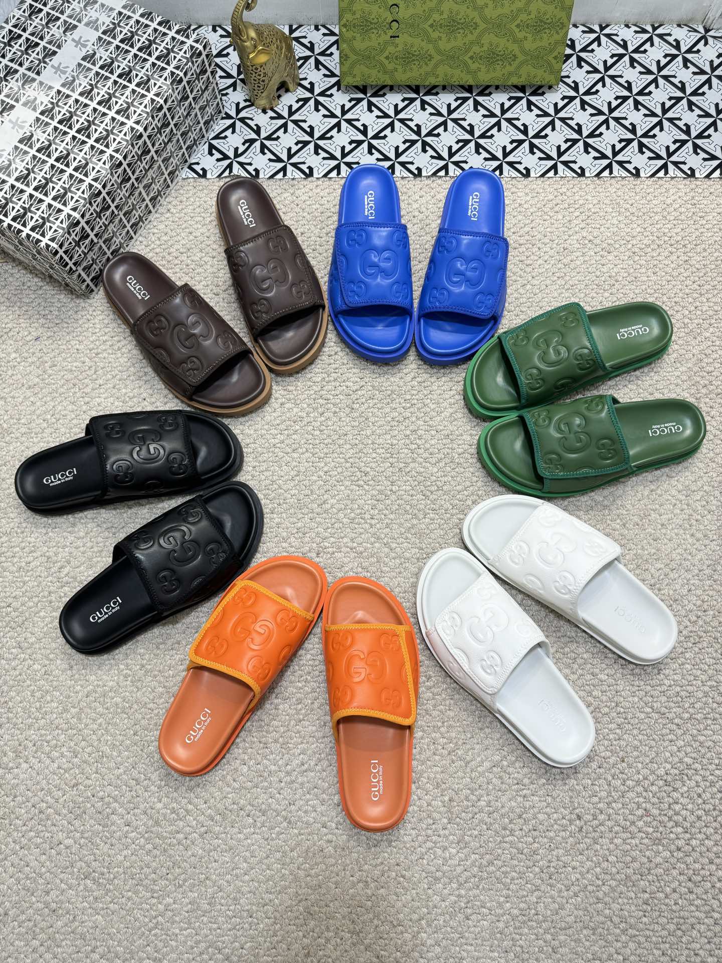 GUcci Green Rubber Slides â€“ Embossed GG Pattern
