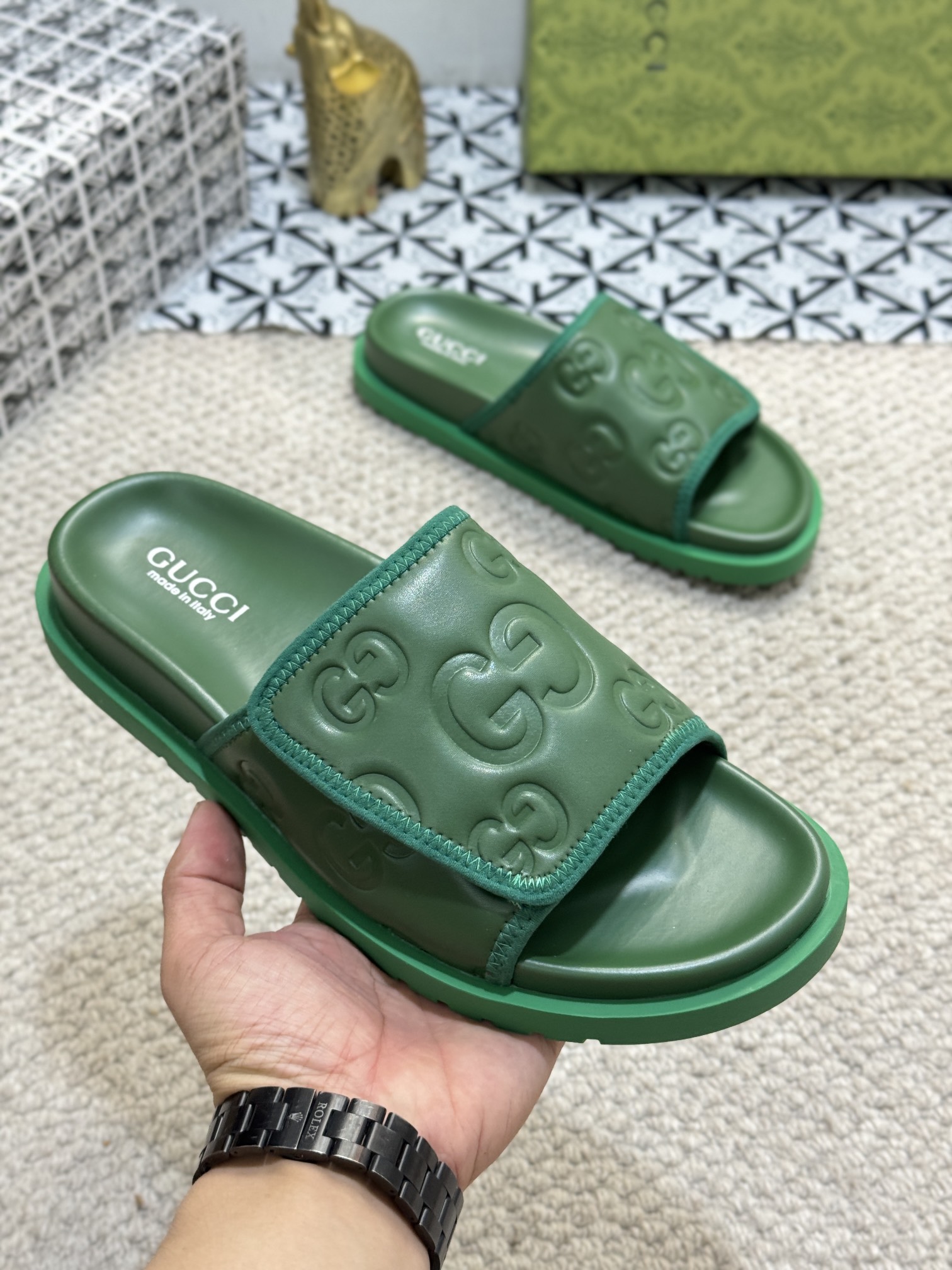 GUcci Green Rubber Slides â€“ Embossed GG Pattern