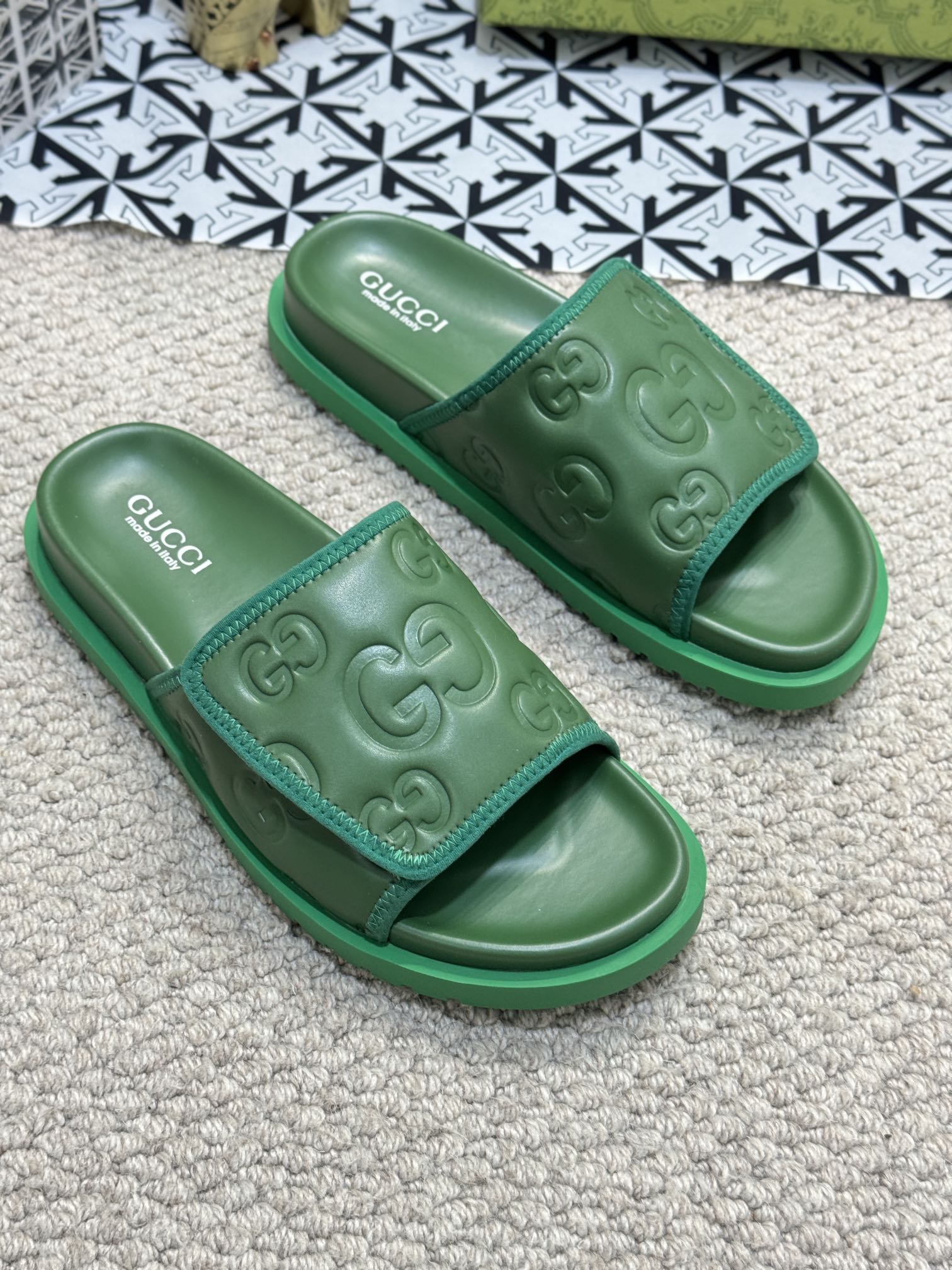 Gucci Green Rubber Slides - Gucci Green Rubber GG Embossed Slides