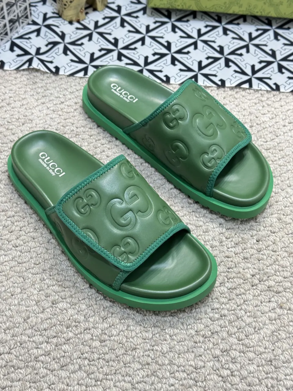 Gucci Green Rubber Slides - Gucci Green Rubber GG Embossed Slides