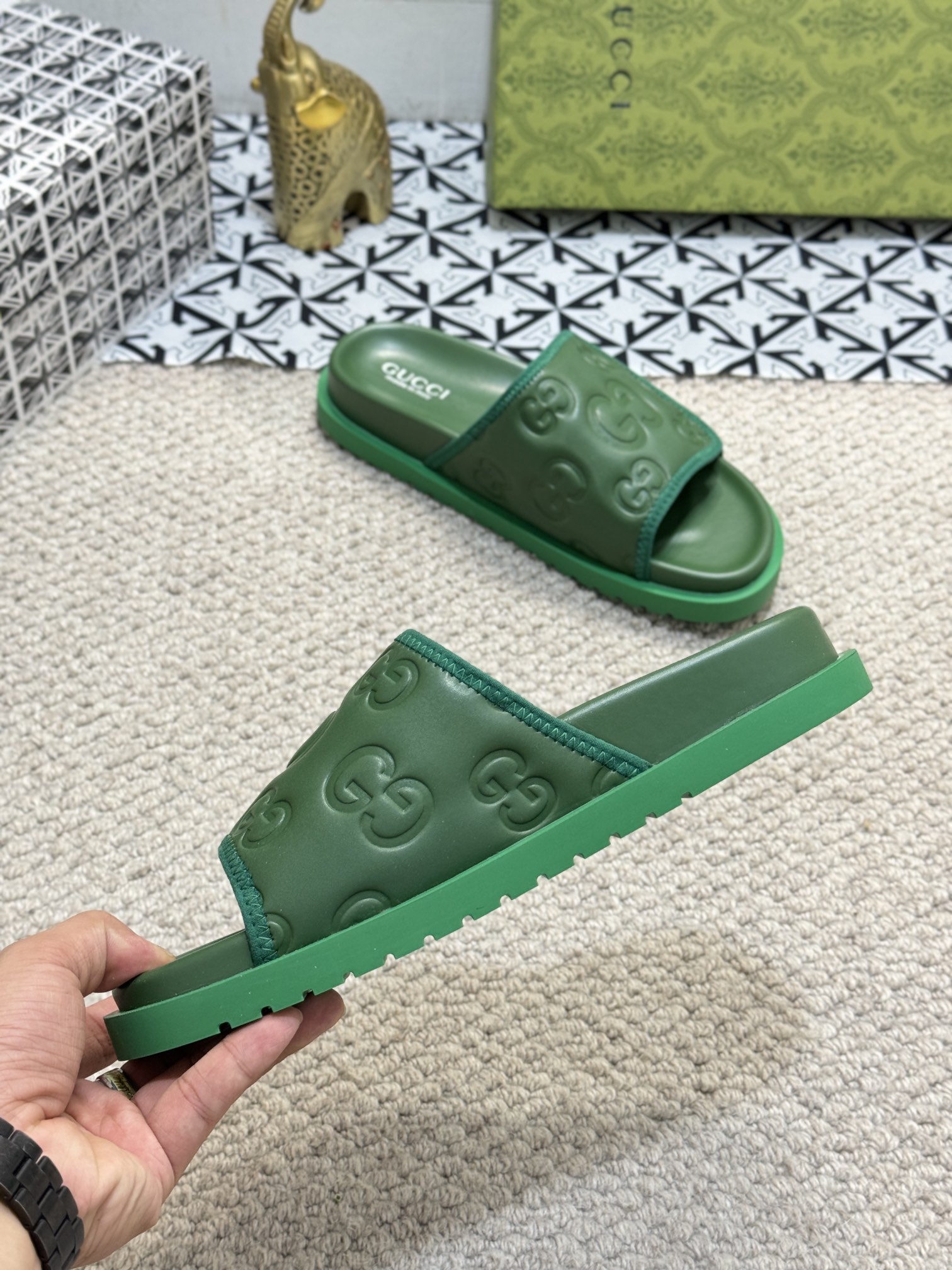 GUcci Green Rubber Slides â€“ Embossed GG Pattern