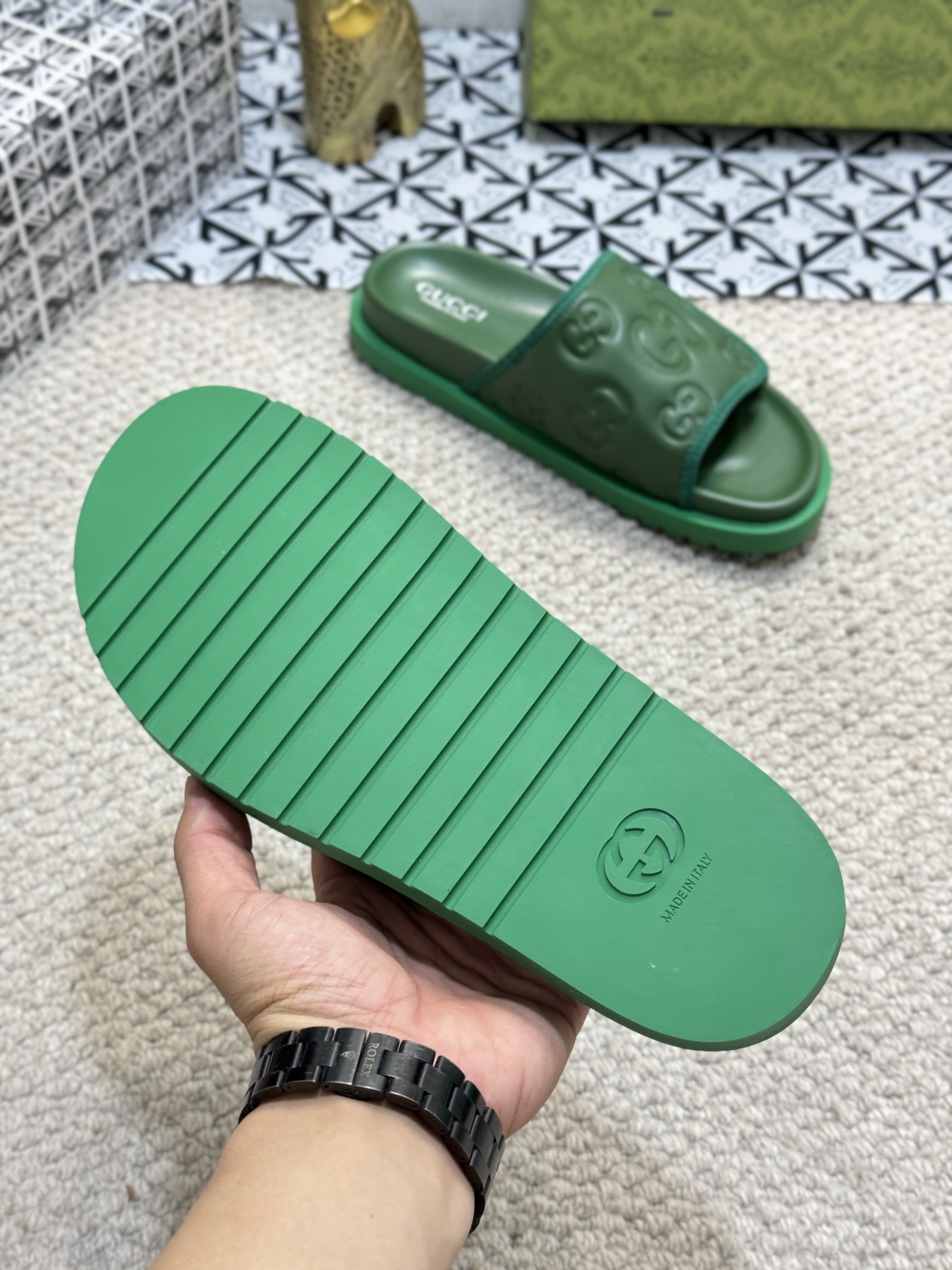 GUcci Green Rubber Slides â€“ Embossed GG Pattern