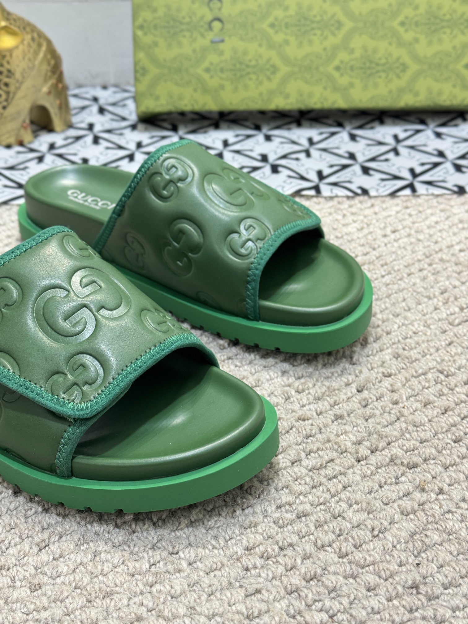 GUcci Green Rubber Slides â€“ Embossed GG Pattern