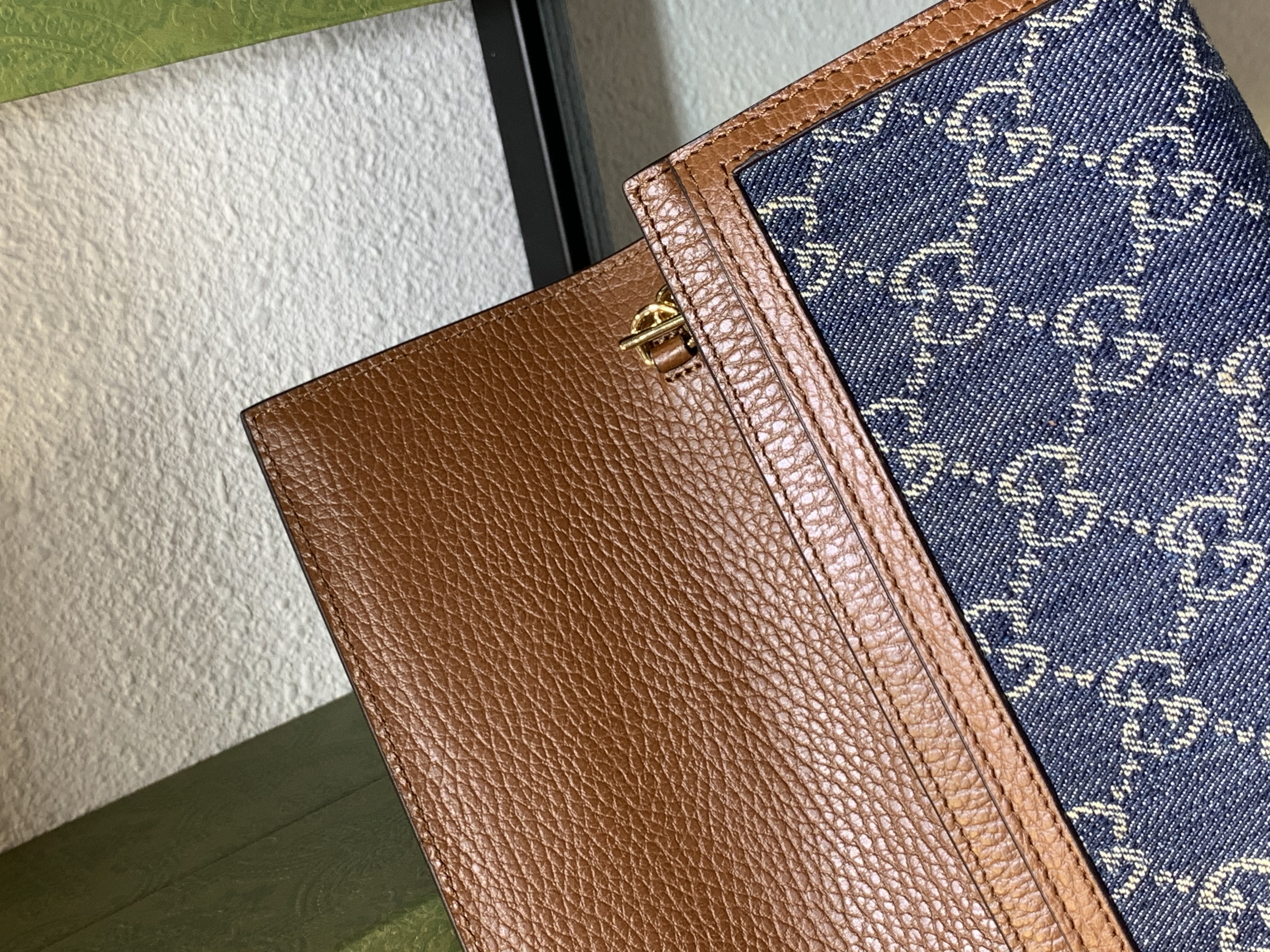 Gucci Jackie 1961 Chain/Shoulder Wallet Brown Blue Leather Denim