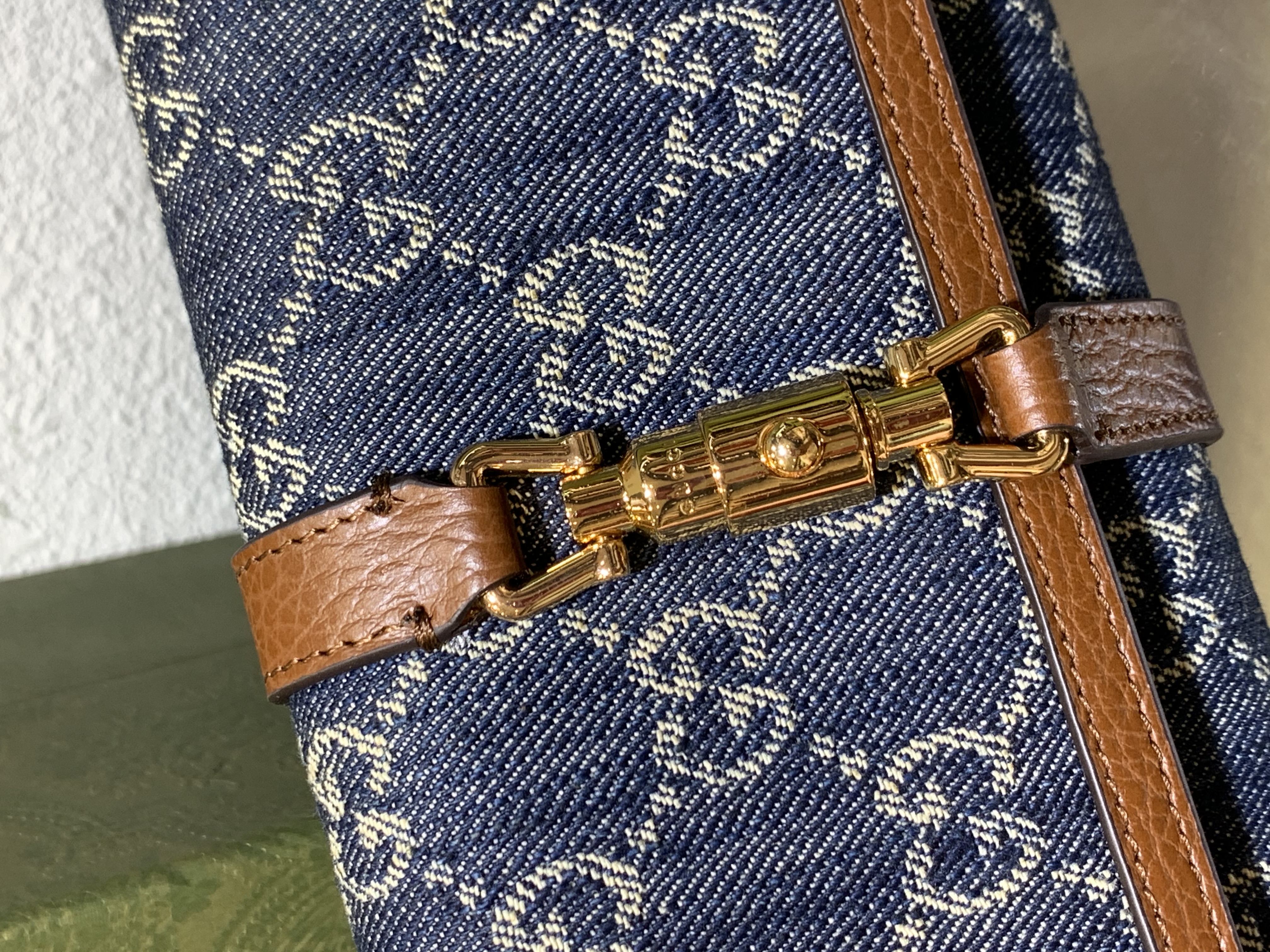 Gucci Jackie 1961 Chain/Shoulder Wallet Brown Blue Leather Denim