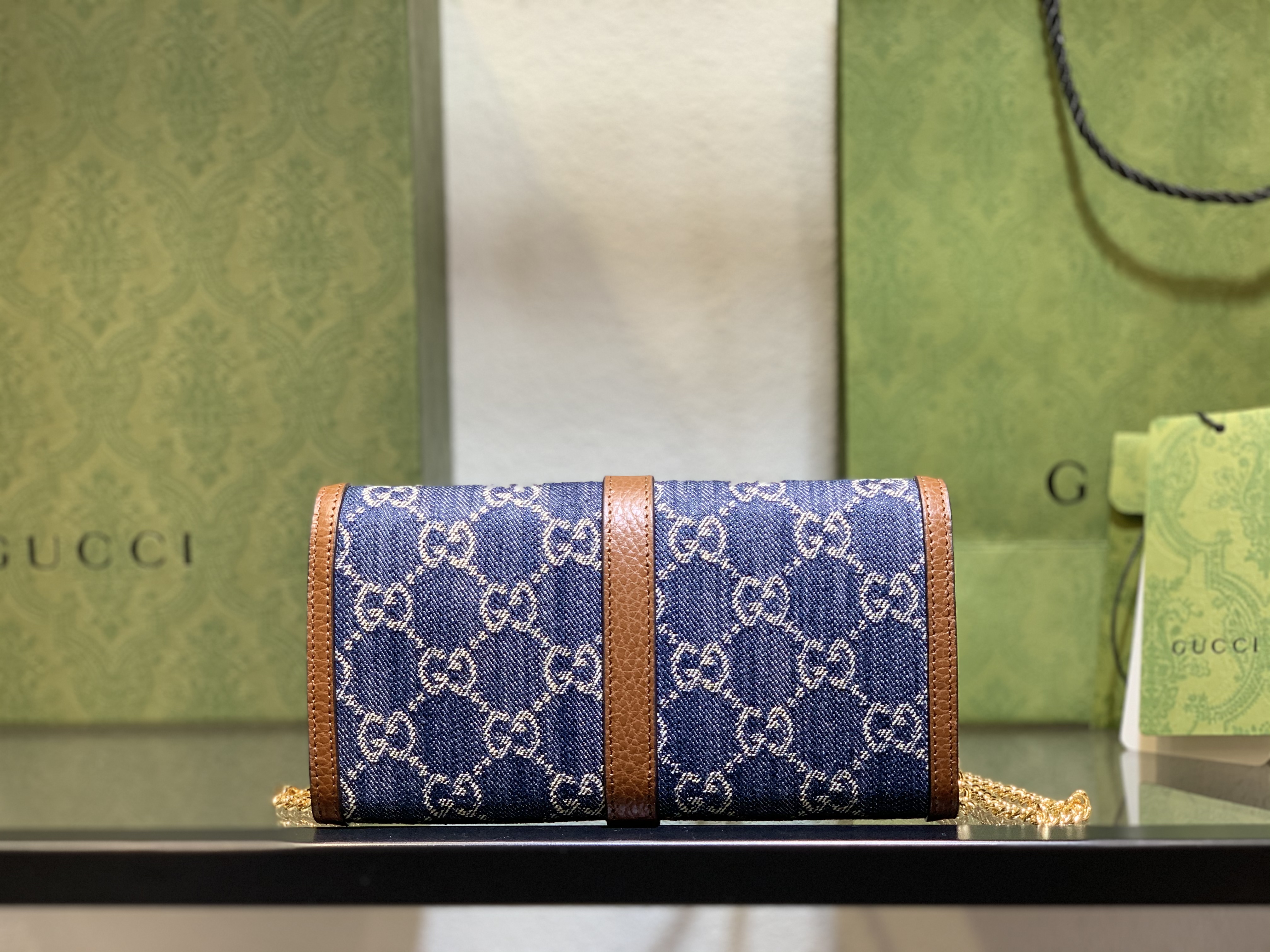 Gucci Jackie 1961 Chain/Shoulder Wallet Brown Blue Leather Denim
