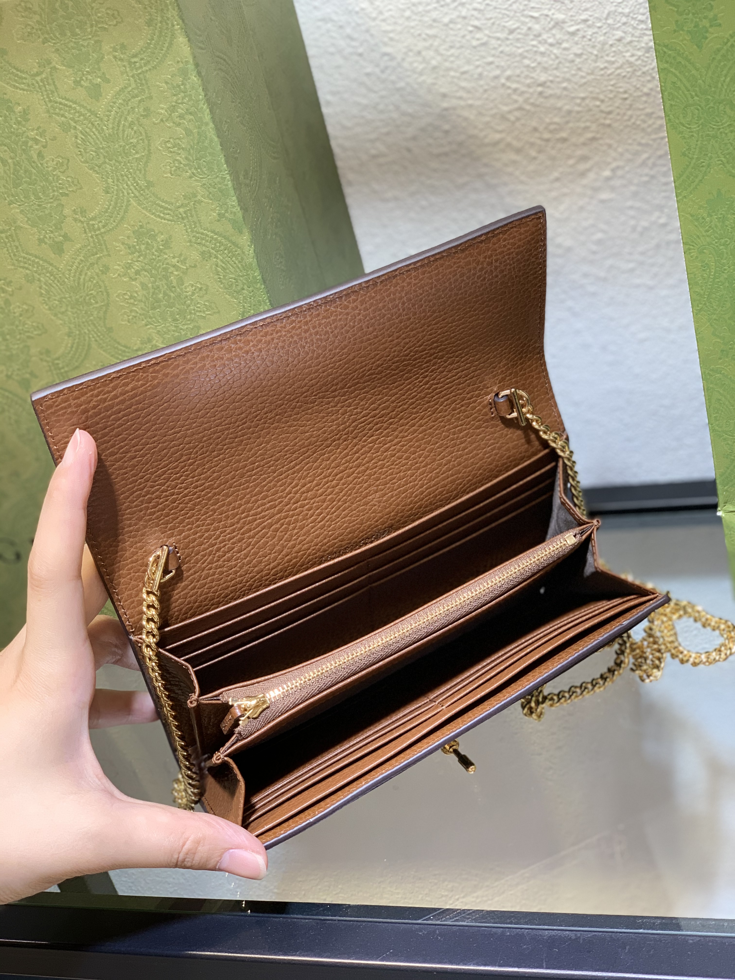 Gucci Jackie 1961 Chain/Shoulder Wallet Brown Blue Leather Denim