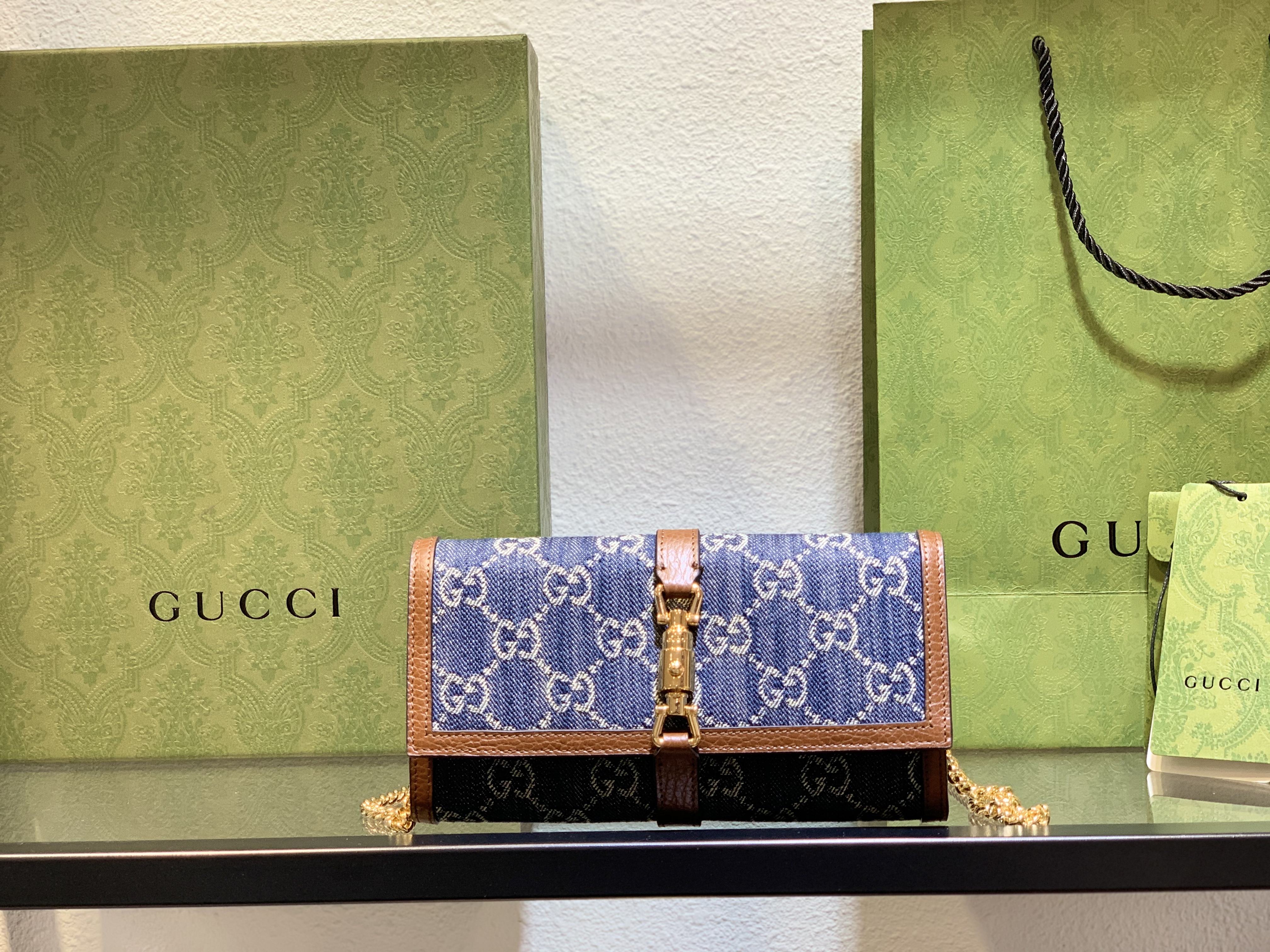 Gucci Jackie 1961 Chain/Shoulder Wallet Brown Blue Leather Denim