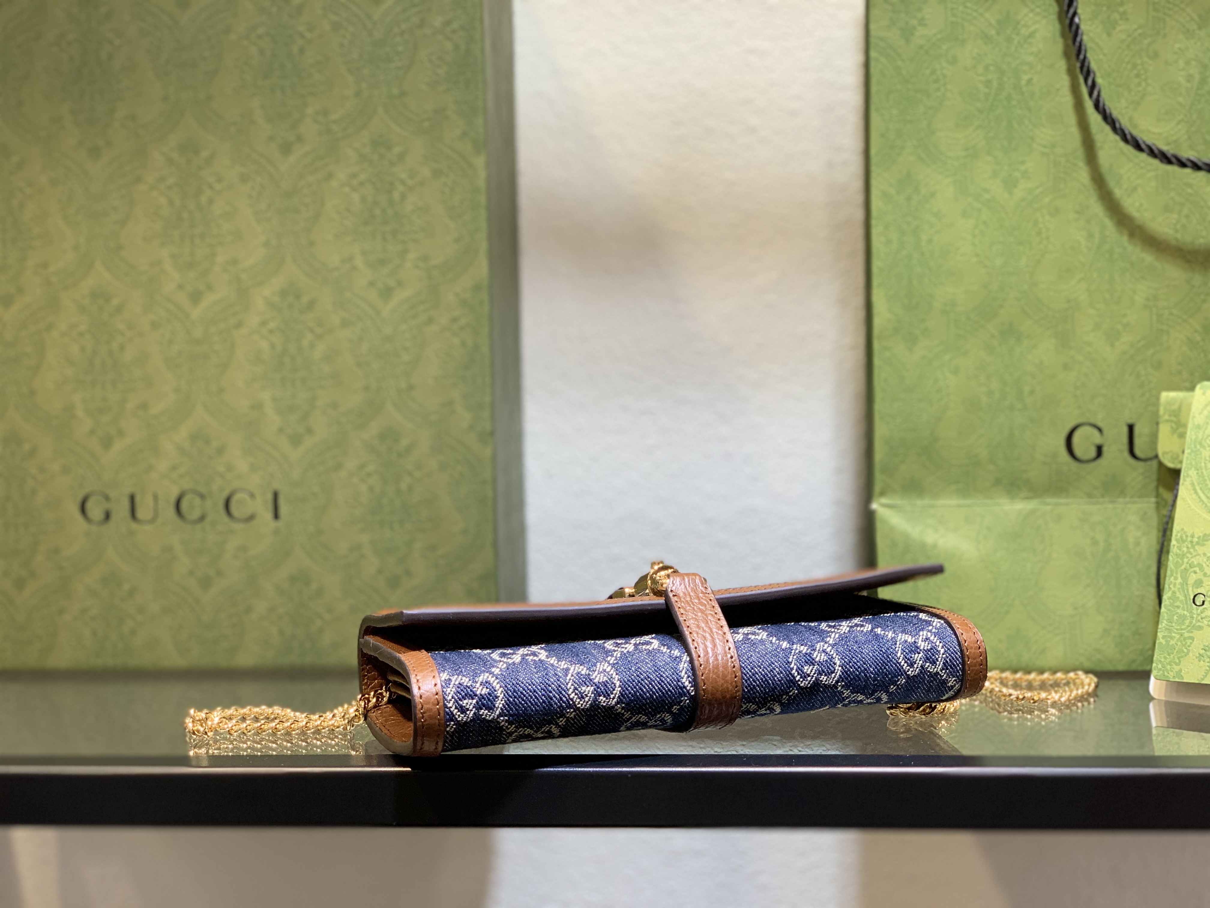 Gucci Jackie 1961 Chain/Shoulder Wallet Brown Blue Leather Denim