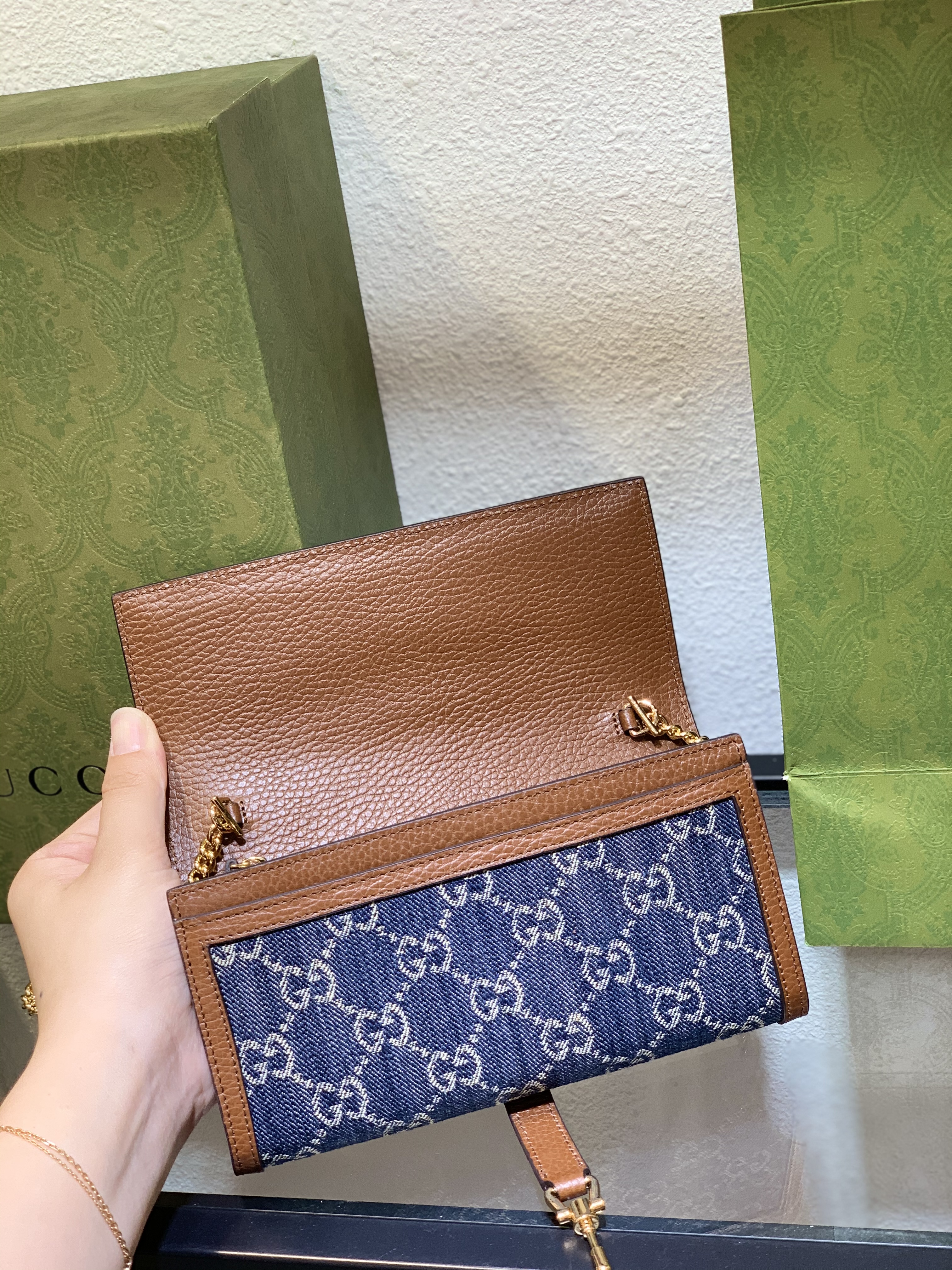 Gucci Jackie 1961 Chain/Shoulder Wallet Brown Blue Leather Denim