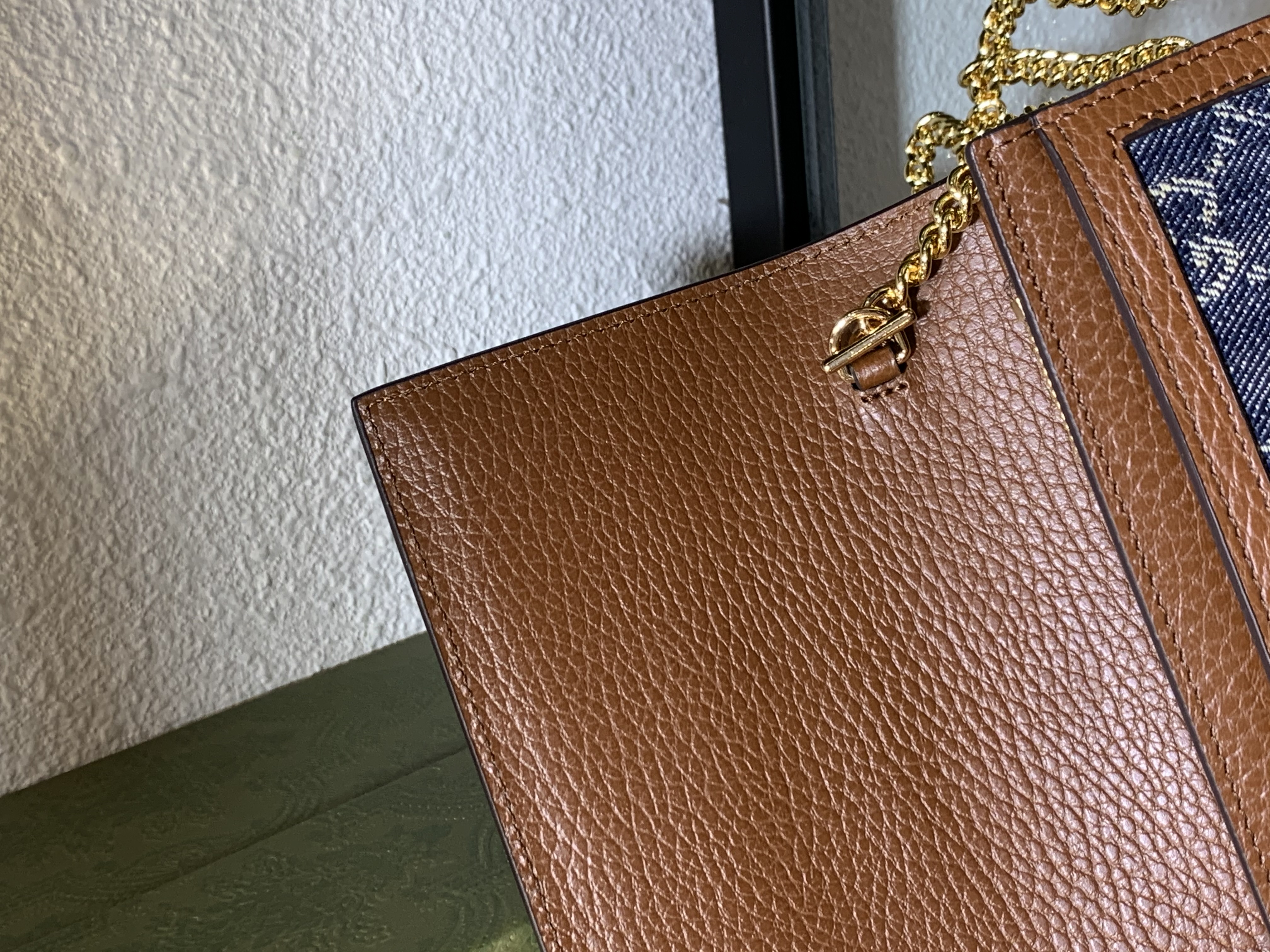 Gucci Jackie 1961 Chain/Shoulder Wallet Brown Blue Leather Denim