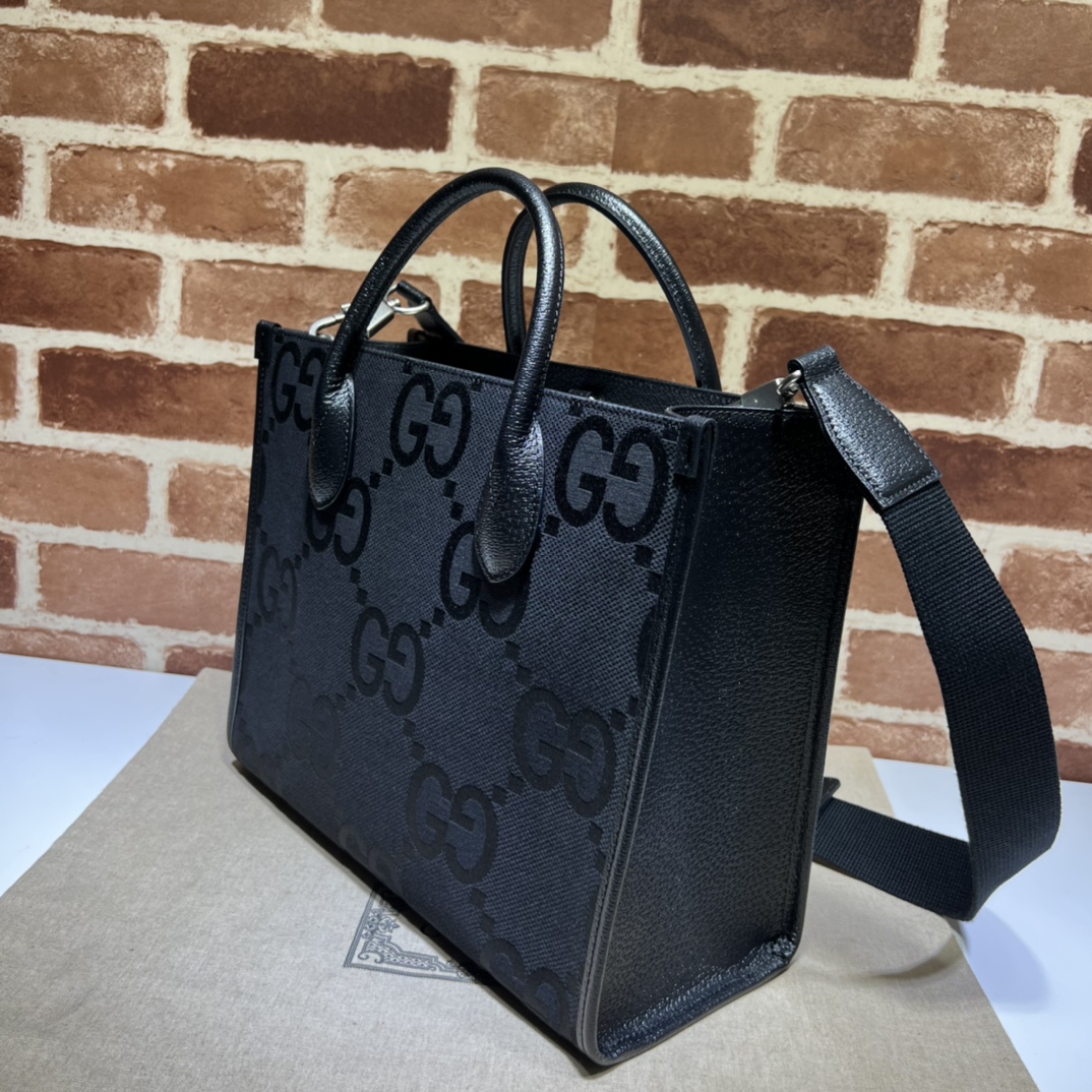 GUCCI Jumbo GG 2-Way Bag Black Leather Cloth
