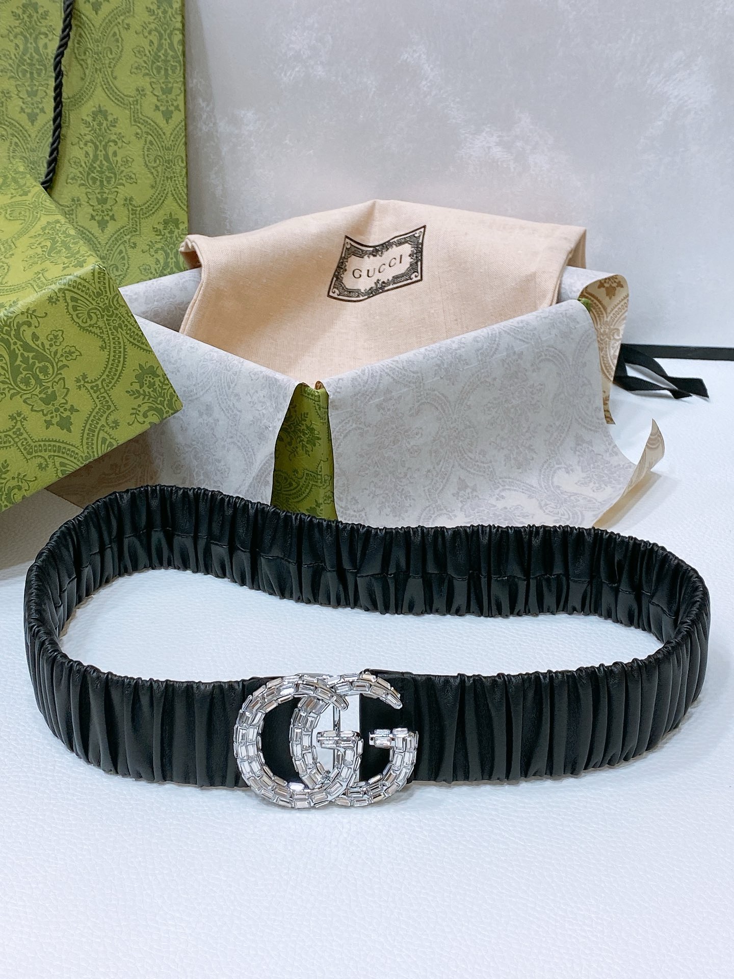 Gucci Marmont wide crystal-embellished satin belt