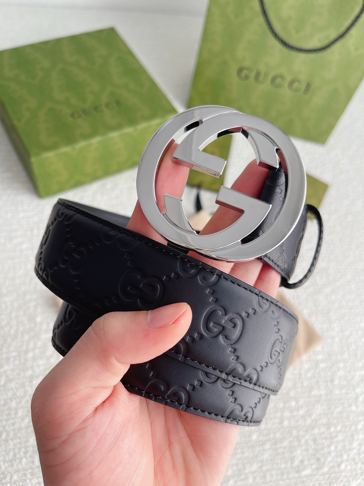 silver interlocking Gucci Black Leather Belt - Gucci Black Leather
