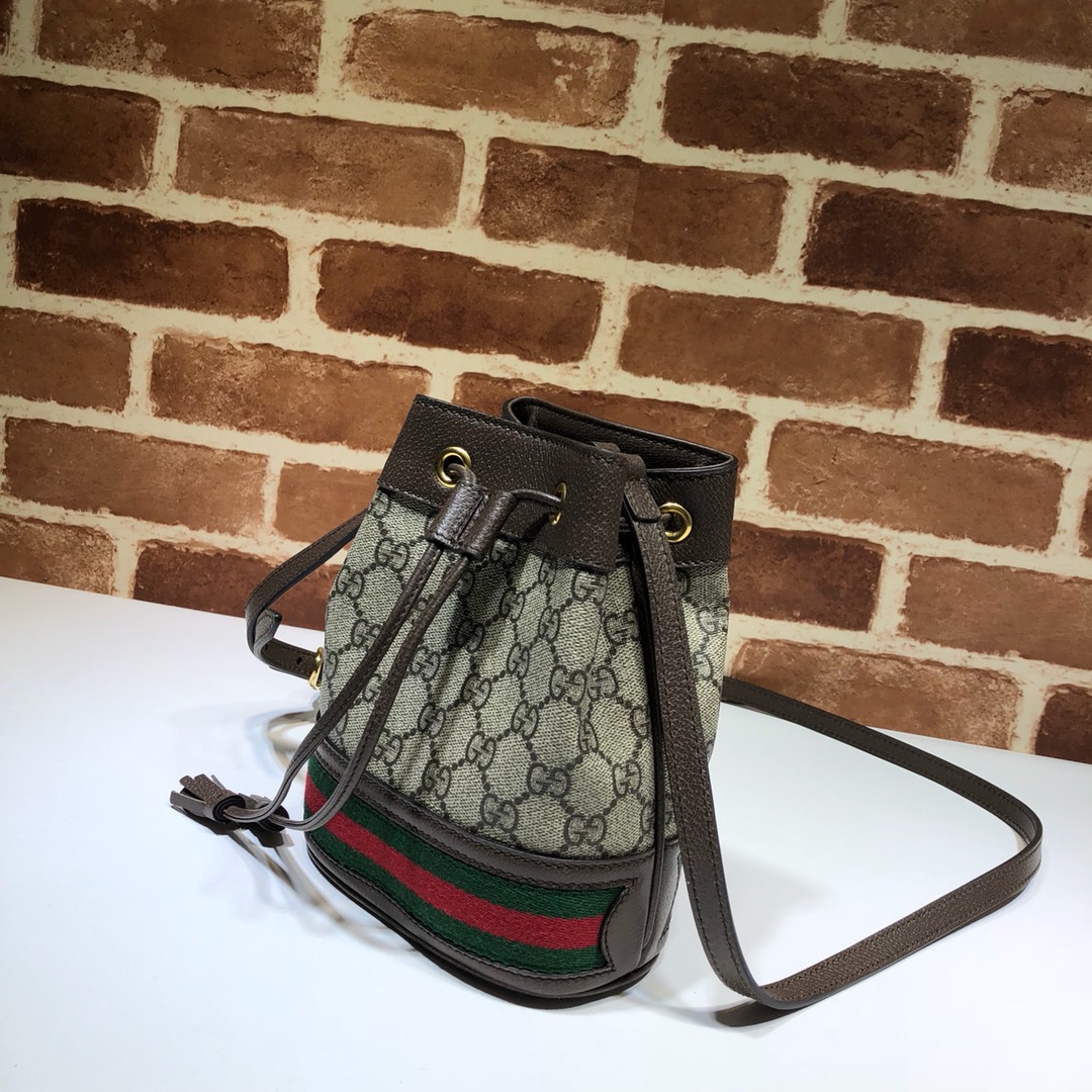 Gucci Mini GG Supreme Ophidia Bucket Bag in brown