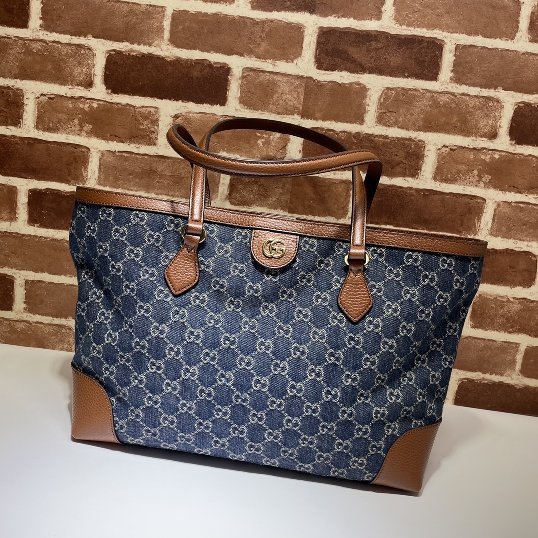 Gucci Ophidia GG Denim Tote Bag Brown Blue