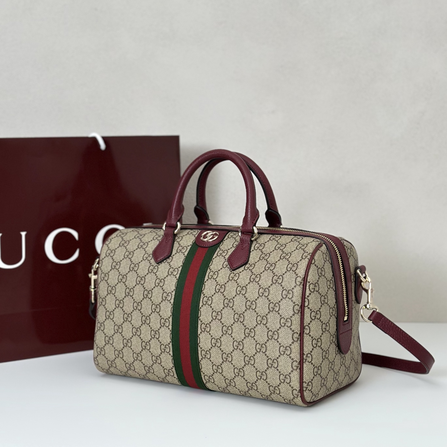Gucci Ophidia medium boston bag in beige and brown GG fabric