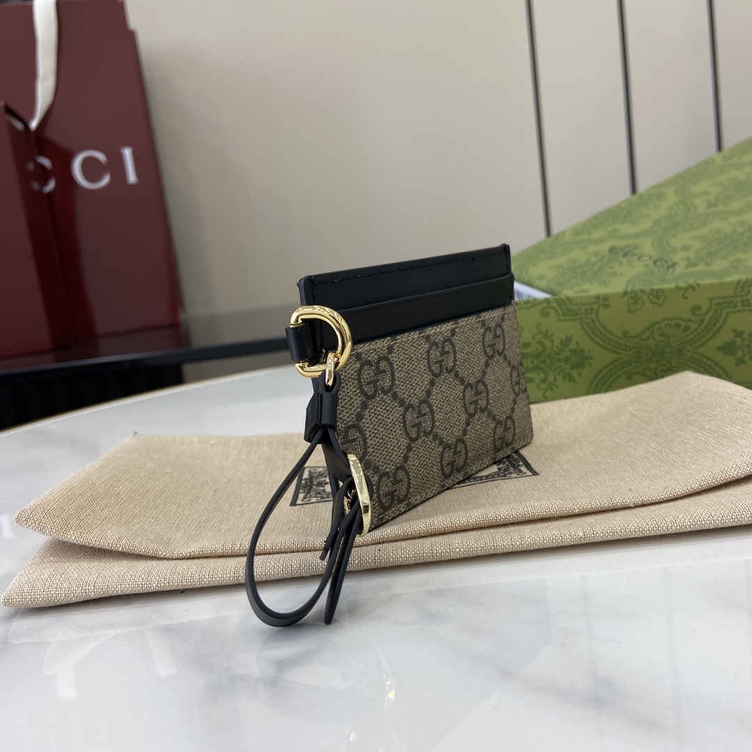 GucciEmblem card case with strap in beige and dark brown fabric | GUCCI