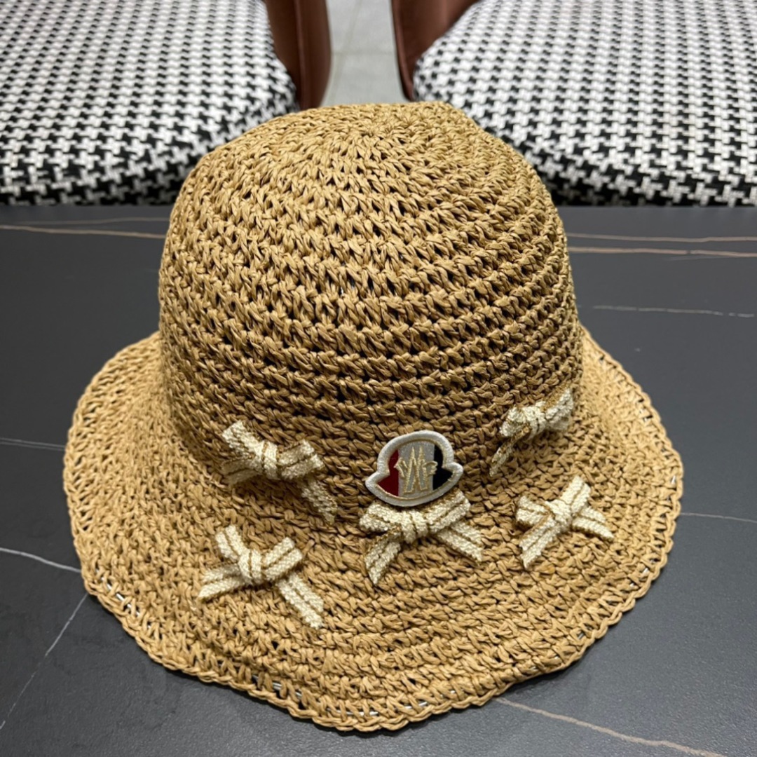Moncler Raffia Bucket Hat - Beige Woven Straw, Ribbon Bows