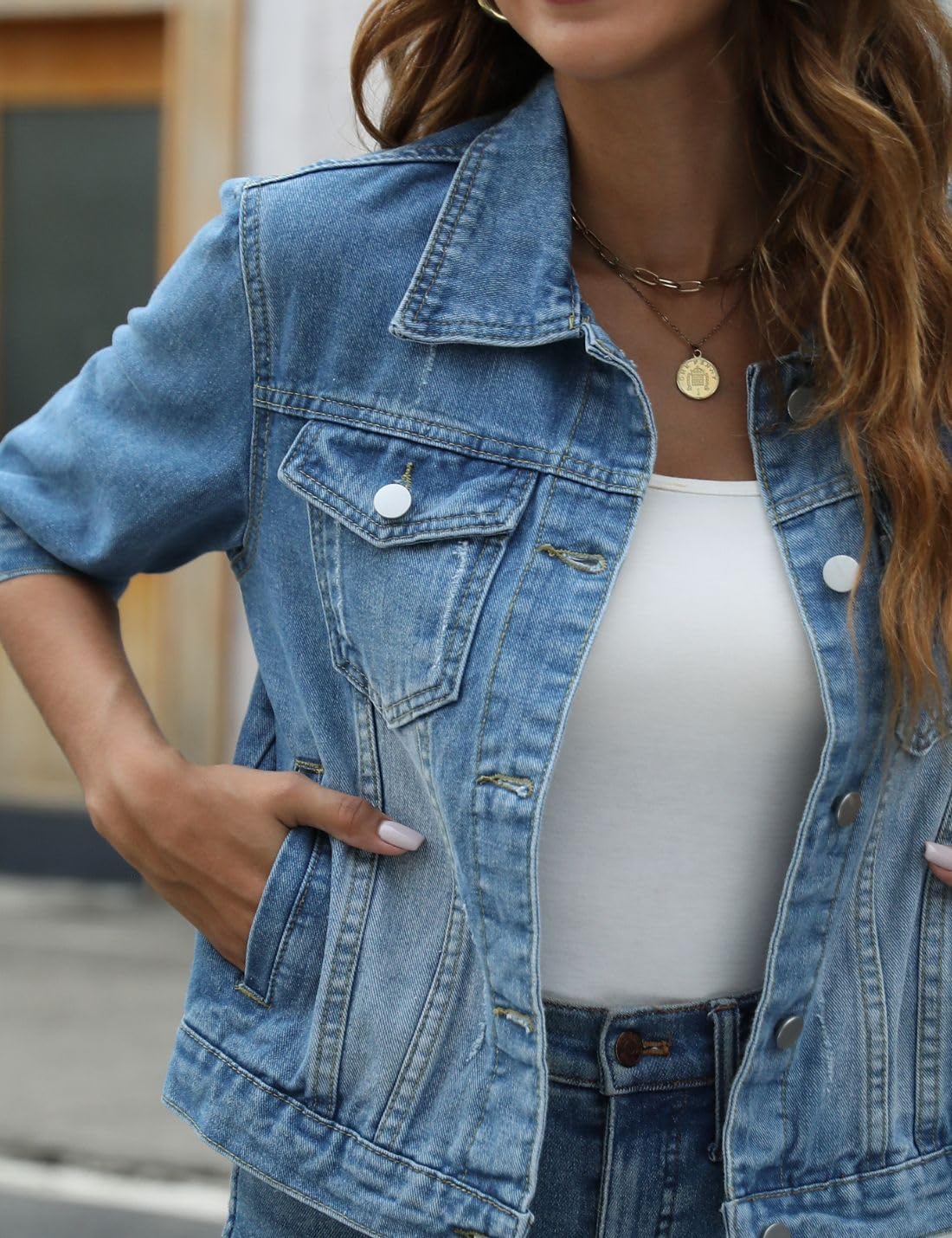 happlan Women’s 3\/4 Sleeve Short Denim Jacket Lapel Button Down Cropped Trucker Jean Jackets Coats