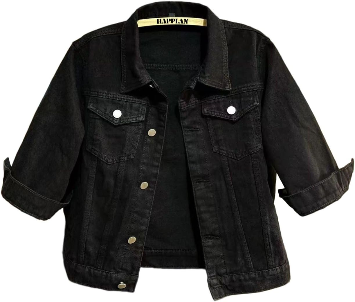 happlan Women’s 3\/4 Sleeve Short Denim Jacket Lapel Button Down Cropped Trucker Jean Jackets Coats
