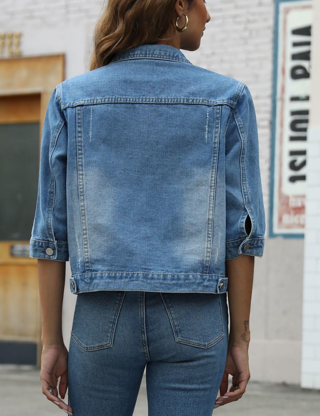 happlan Women’s 3\/4 Sleeve Short Denim Jacket Lapel Button Down Cropped Trucker Jean Jackets Coats