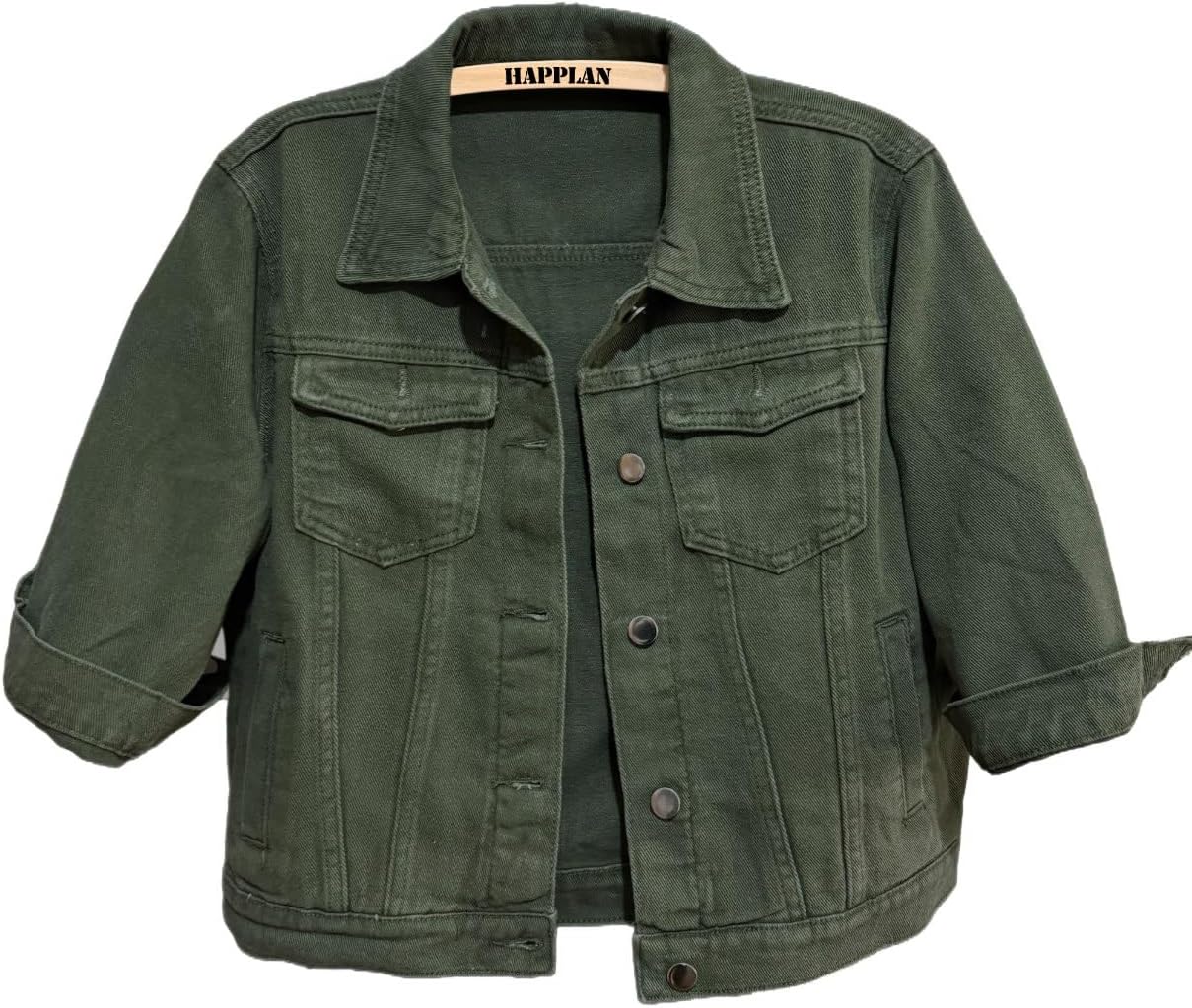 happlan Women’s 3\/4 Sleeve Short Denim Jacket Lapel Button Down Cropped Trucker Jean Jackets Coats