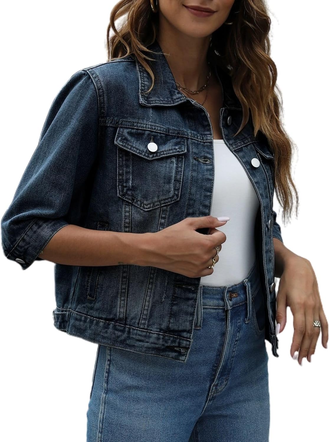 happlan Women’s 3\/4 Sleeve Short Denim Jacket Lapel Button Down Cropped Trucker Jean Jackets Coats