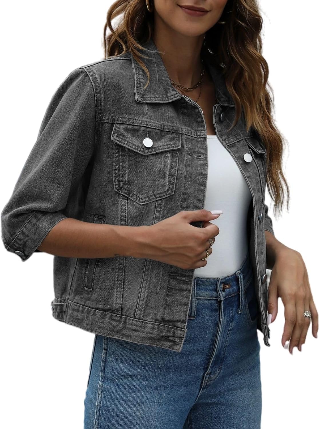 happlan Women’s 3\/4 Sleeve Short Denim Jacket Lapel Button Down Cropped Trucker Jean Jackets Coats