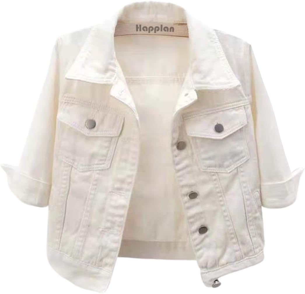 happlan Women’s 3\/4 Sleeve Short Denim Jacket Lapel Button Down Cropped Trucker Jean Jackets Coats