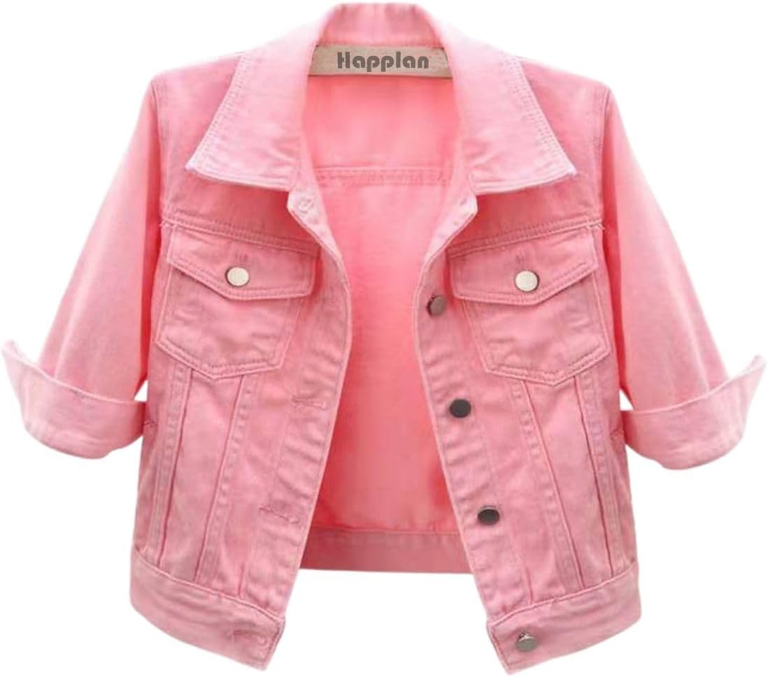 happlan Women’s 3\/4 Sleeve Short Denim Jacket Lapel Button Down Cropped Trucker Jean Jackets Coats