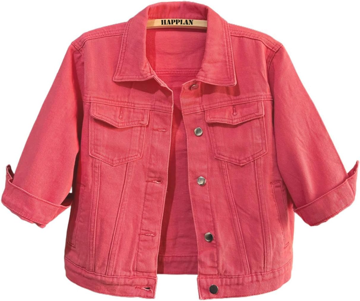 happlan Women’s 3\/4 Sleeve Short Denim Jacket Lapel Button Down Cropped Trucker Jean Jackets Coats