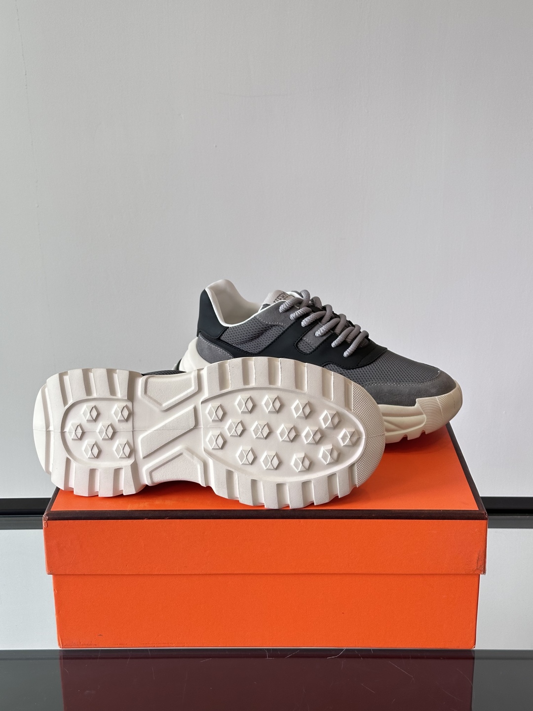 HERHermes Bouncing Sneakers – Grey Mesh & Suede with Black Leather Accents Chunky Sole Unisex Shoes