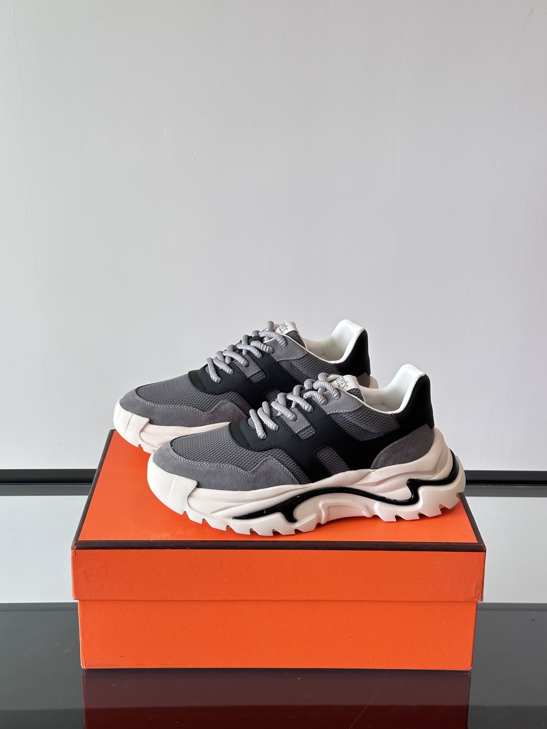 HERHermes Bouncing Sneakers – Grey Mesh & Suede with Black Leather Accents Chunky Sole Unisex Shoes