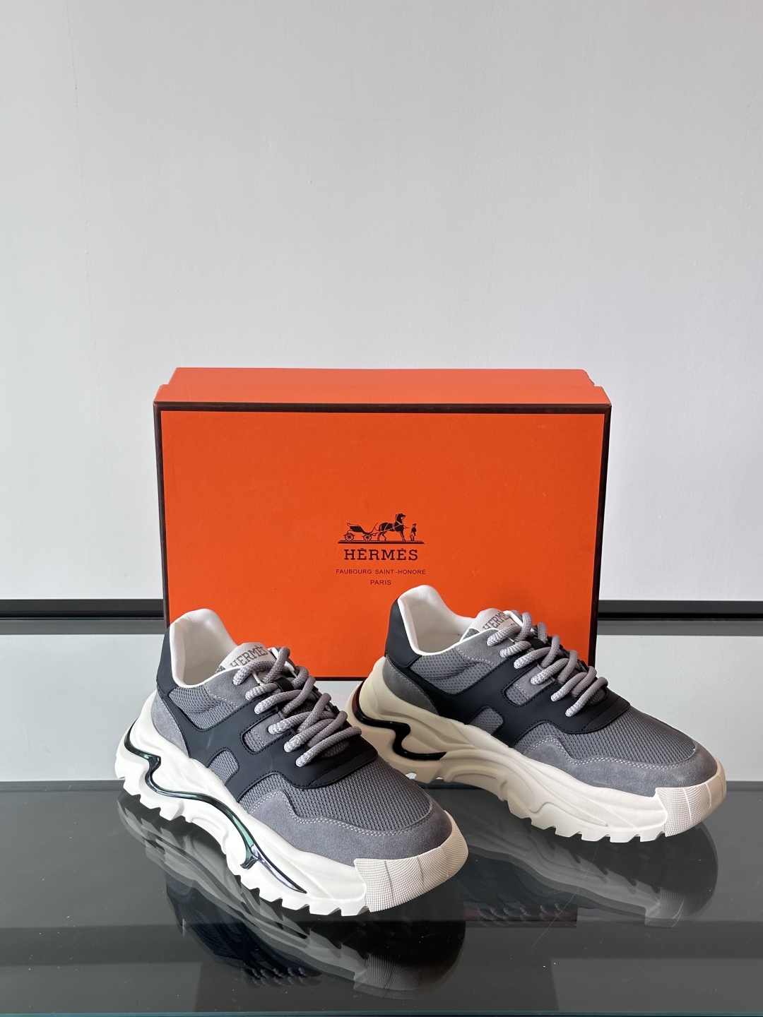HERHermes Bouncing Sneakers – Grey Mesh & Suede with Black Leather Accents Chunky Sole Unisex Shoes